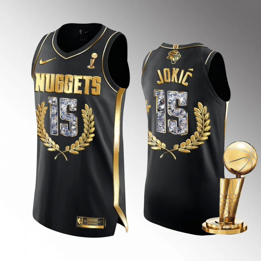 Finals Champions Nikola Jokic Denver Nuggets Black #15 Jersey Golden Diamond