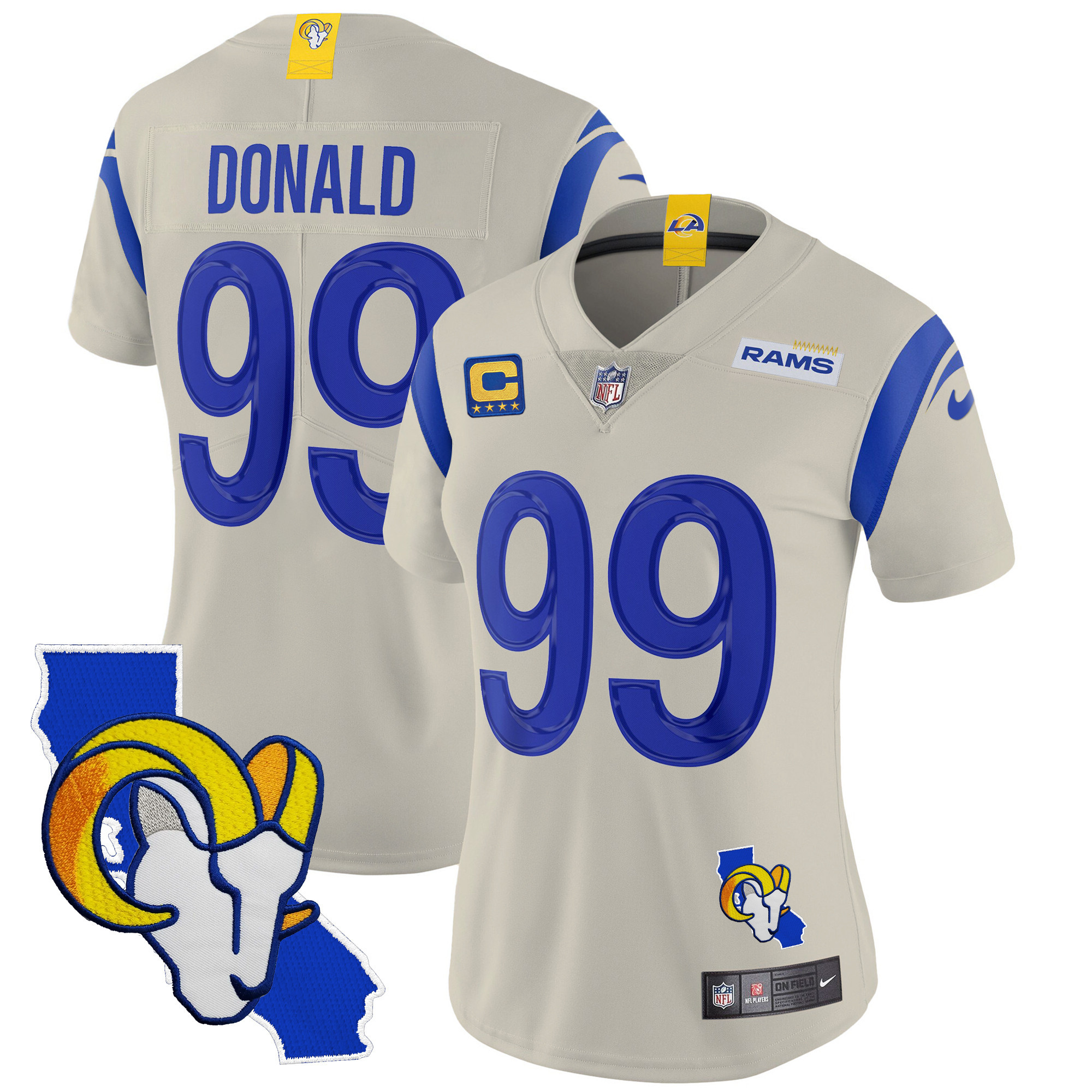 Aaron Donald Women's Los Angeles Rams California Patch Vapor Limited Bone Jersey