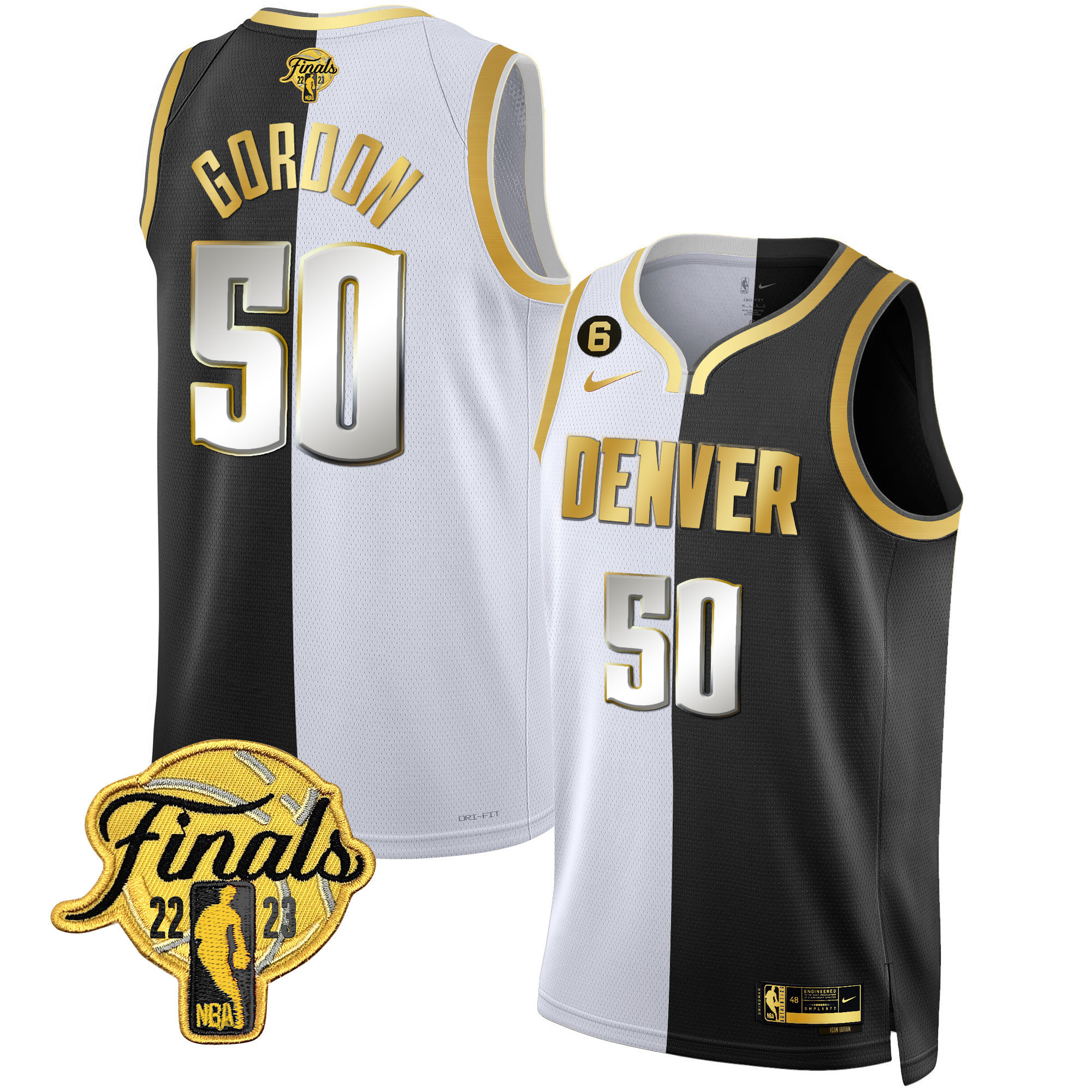 Aaron Gordon Men's Denver Nuggets Finals Patch Black & White Gold Split Limited Jersey - All Stitched