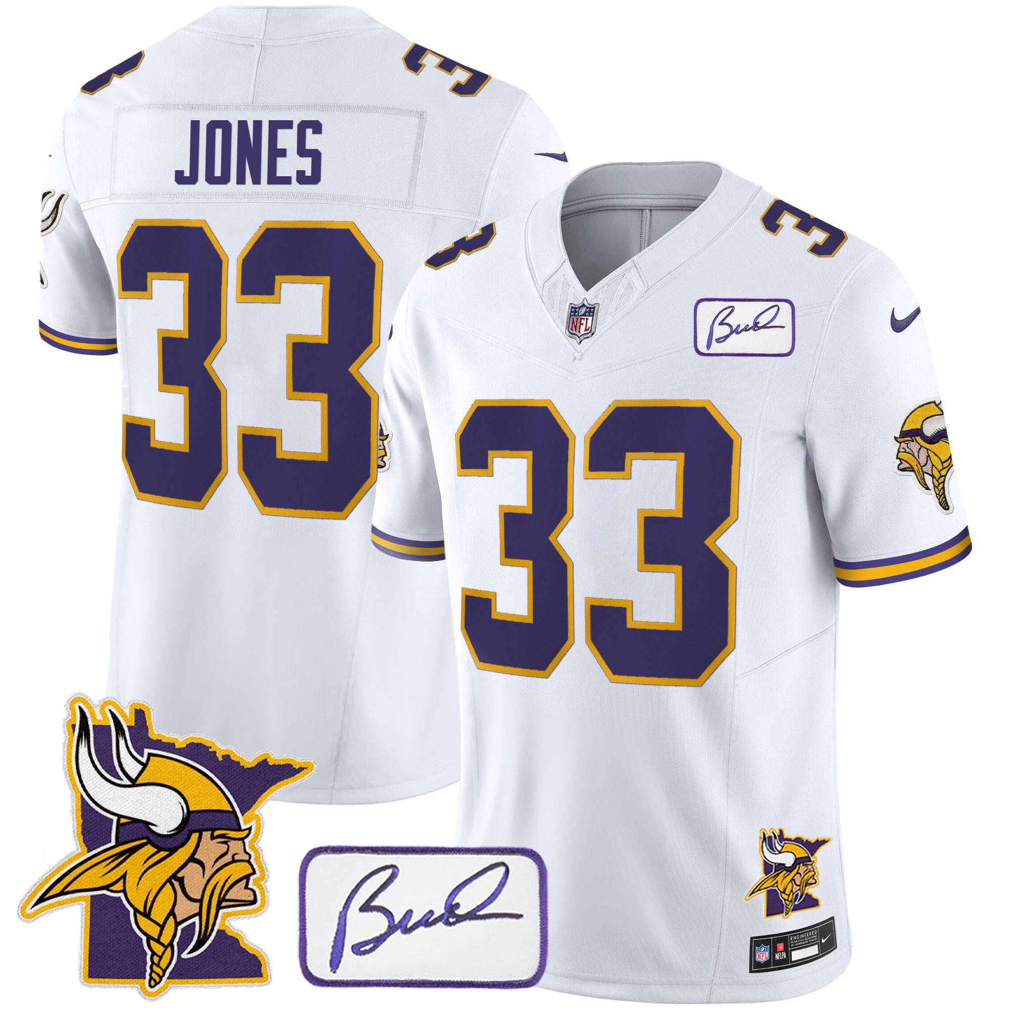 Aaron Jones Men's Minnesota Vikings Bud Grant & Minnesota Patch Classic Limited White Jersey