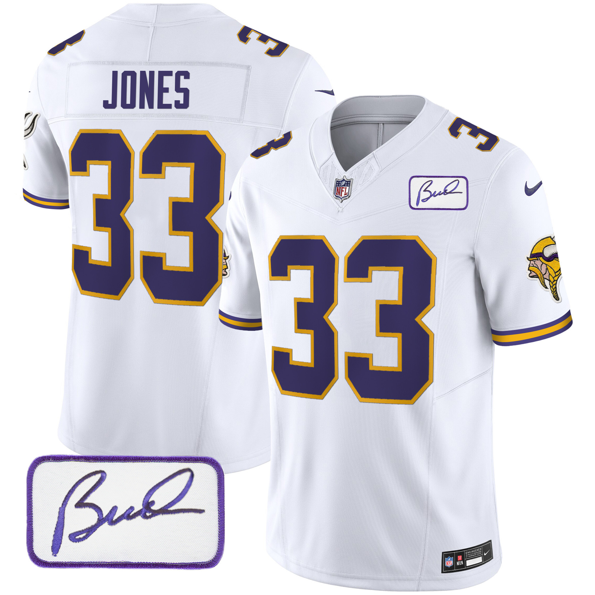 Aaron Jones Men's Minnesota Vikings Bud Grant Patch Classic Limited V3 White Jersey