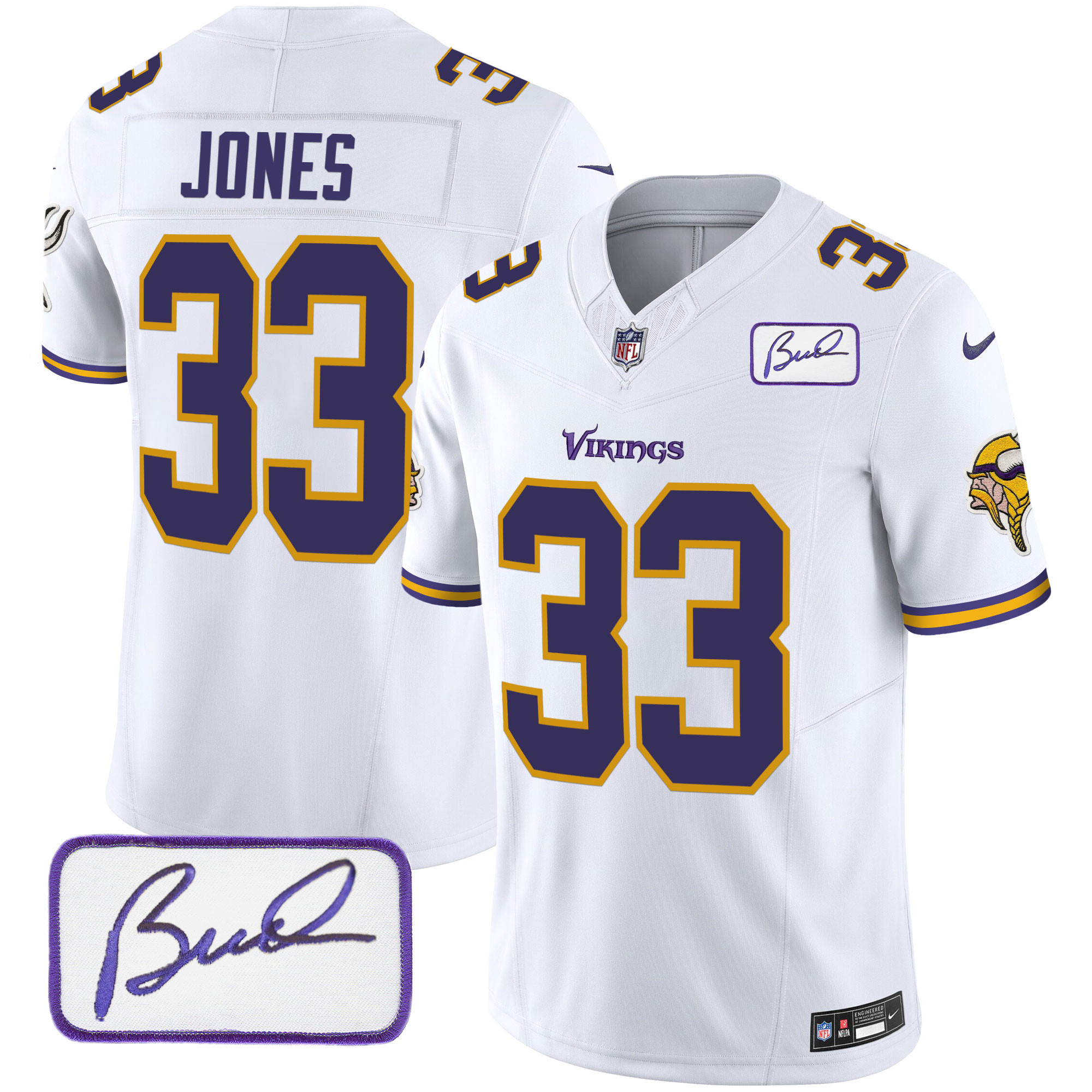 Aaron Jones Men's Minnesota Vikings Bud Grant Patch Classic Limited V6 White Jersey