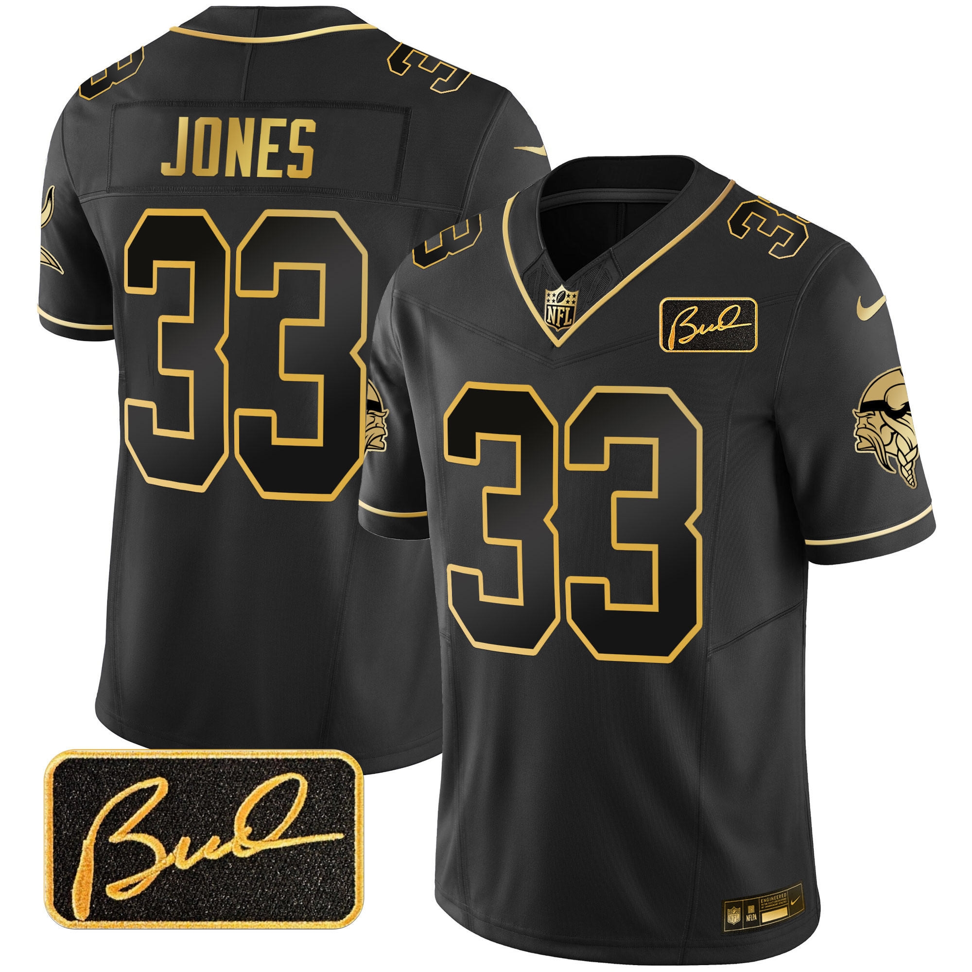 Aaron Jones Men's Minnesota Vikings Bud Grant Patch Gold Limited V2 Black Gold Jersey