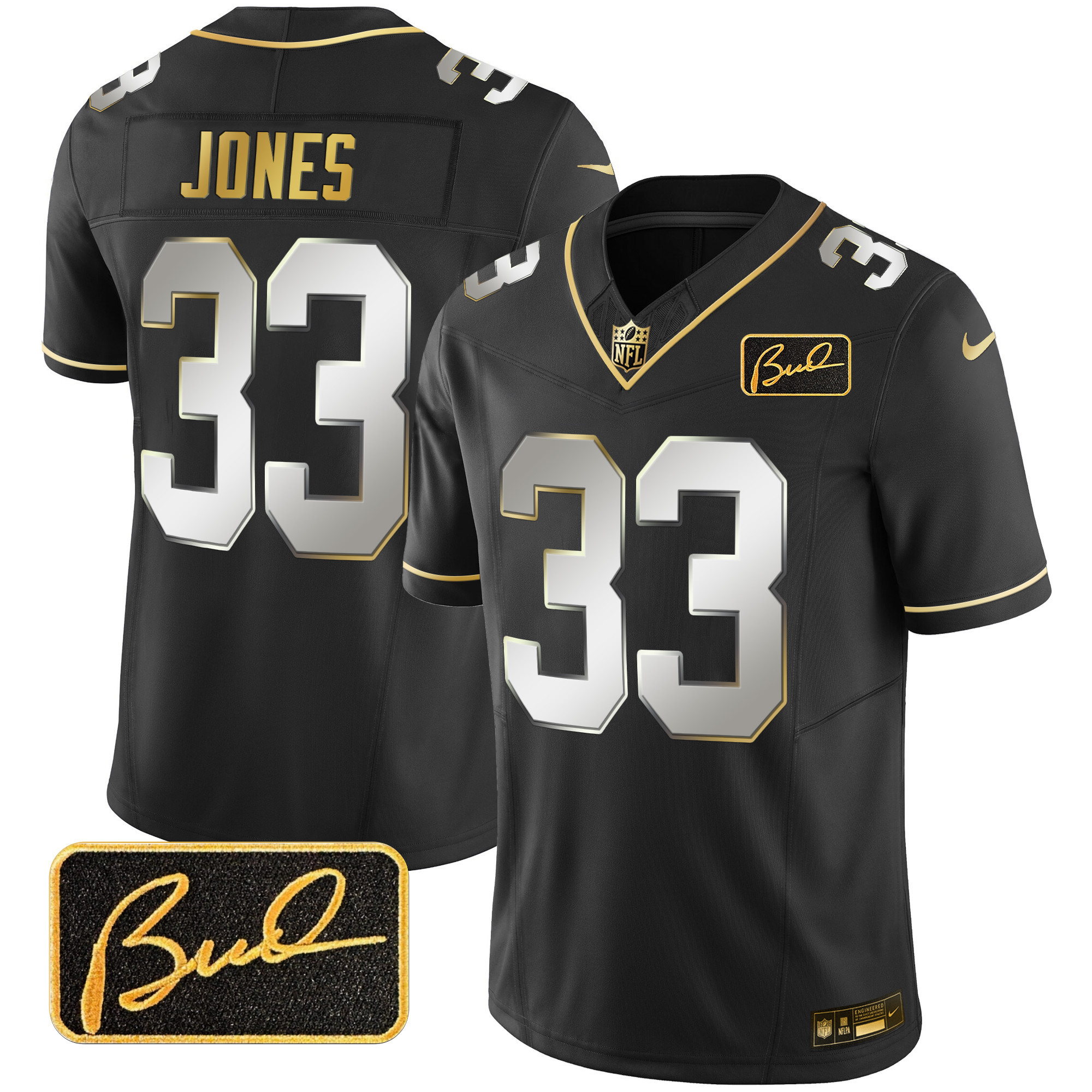 Aaron Jones Men's Minnesota Vikings Bud Grant Patch Gold Limited V2 Black Limited Jersey