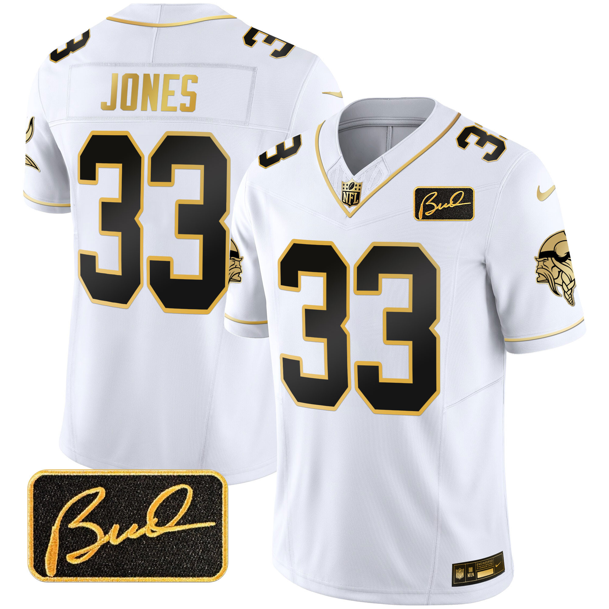 Aaron Jones Men's Minnesota Vikings Bud Grant Patch Gold Limited V2 White Gold Jersey