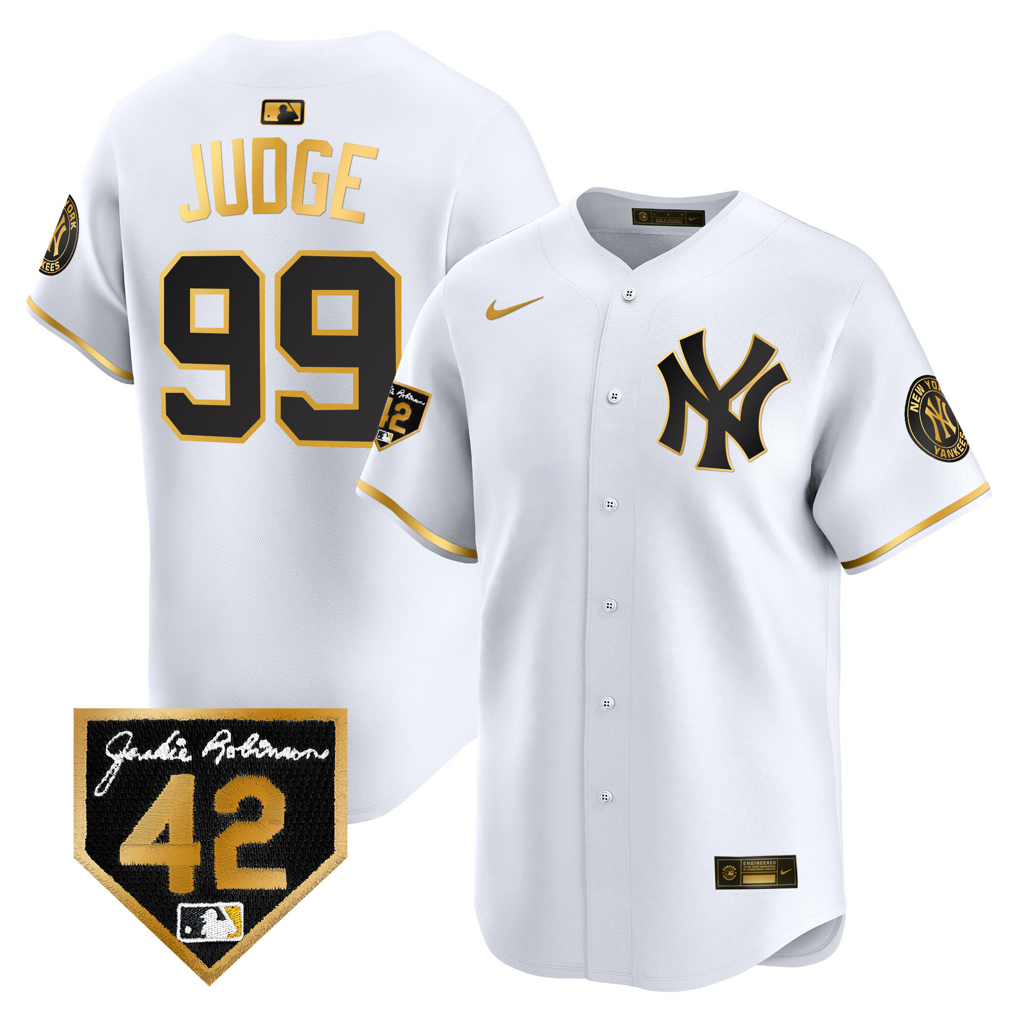 Aaron Judge Men's New York Yankees Jackie Robinson Patch Vapor Premier Limited White Gold Jersey