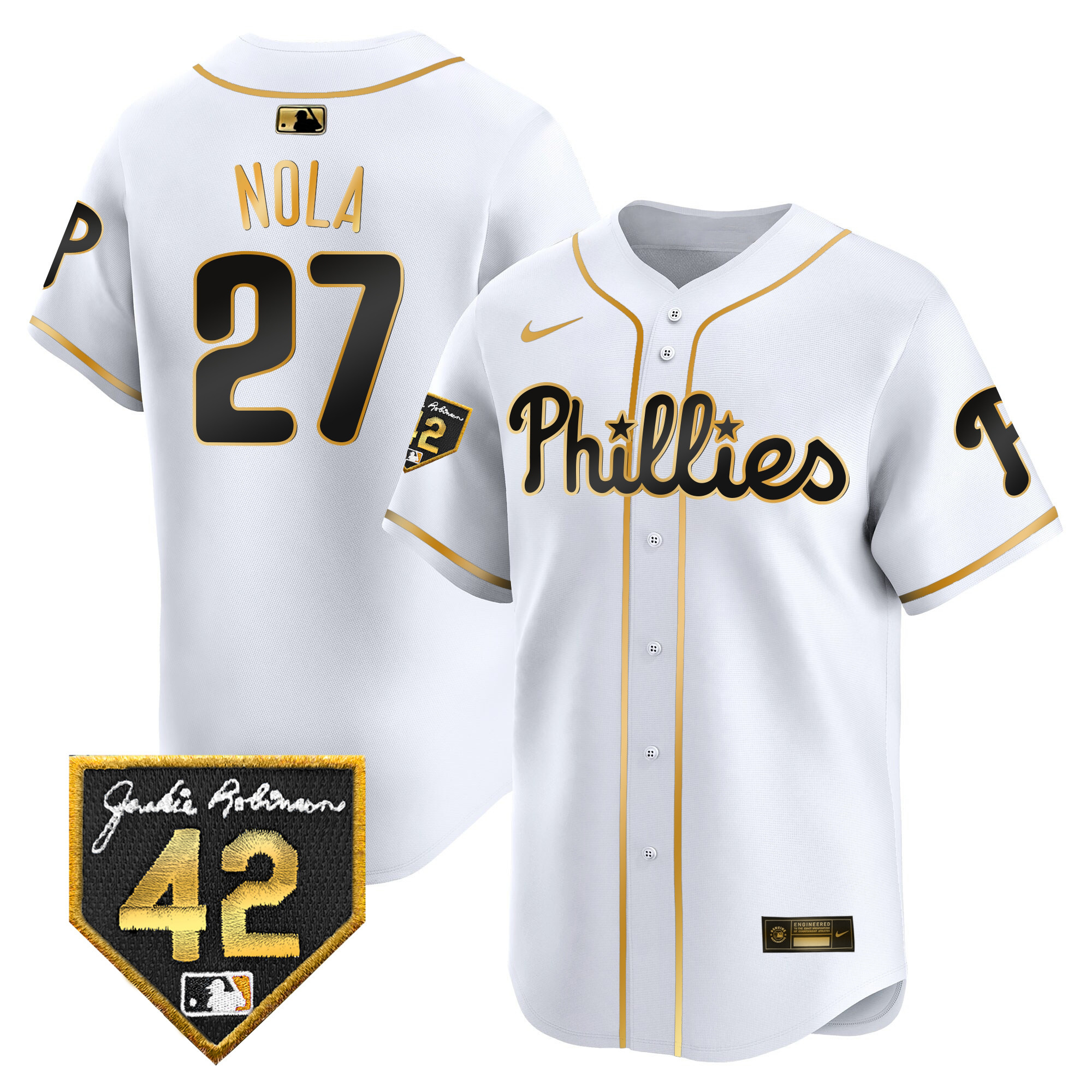 Aaron Nola Men's Philadelphia Phillies Jackie Robinson Patch Vapor Premier Limited White Gold Jersey