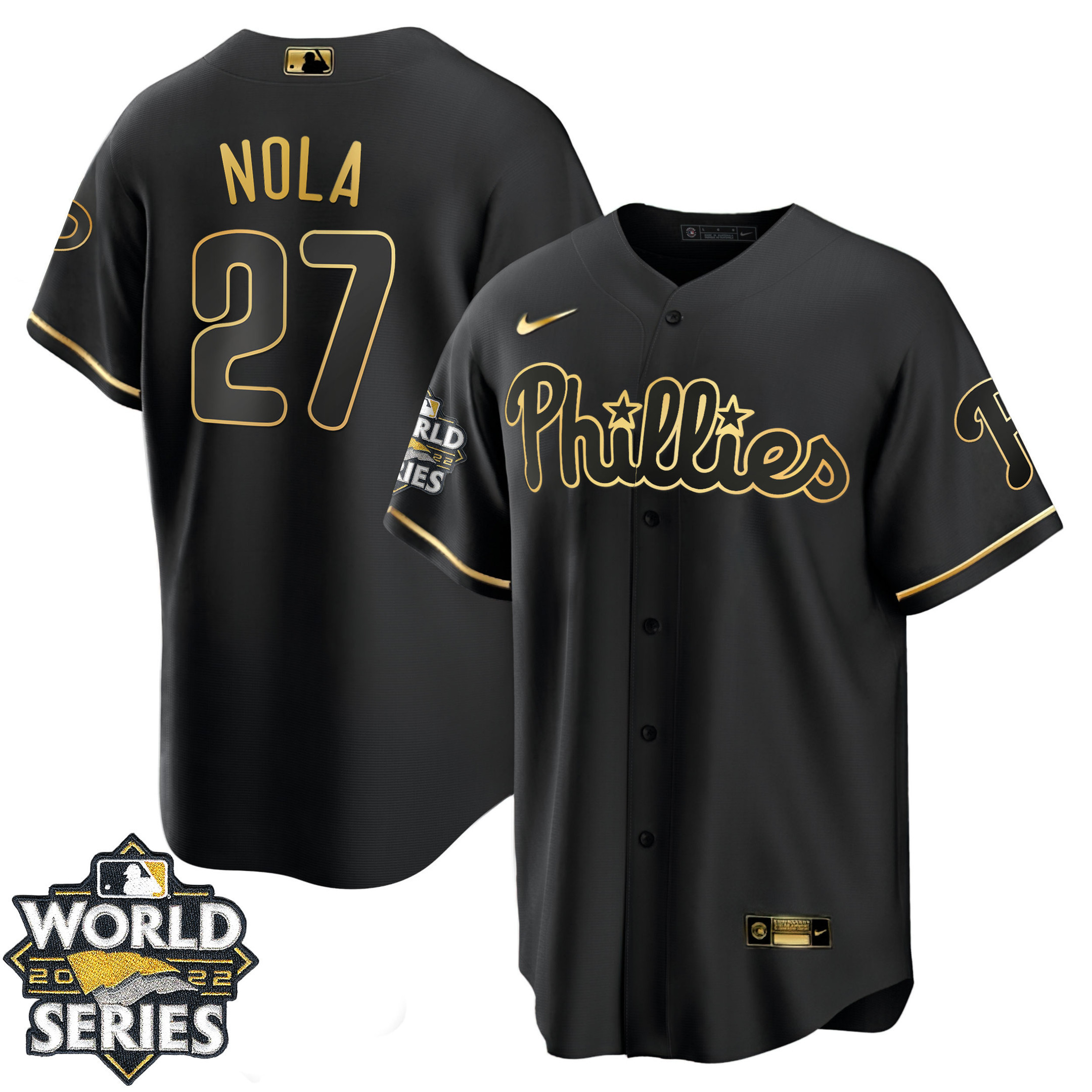 Aaron Nola Men's Philadelphia Phillies Gold World Series Cool Black Jersey