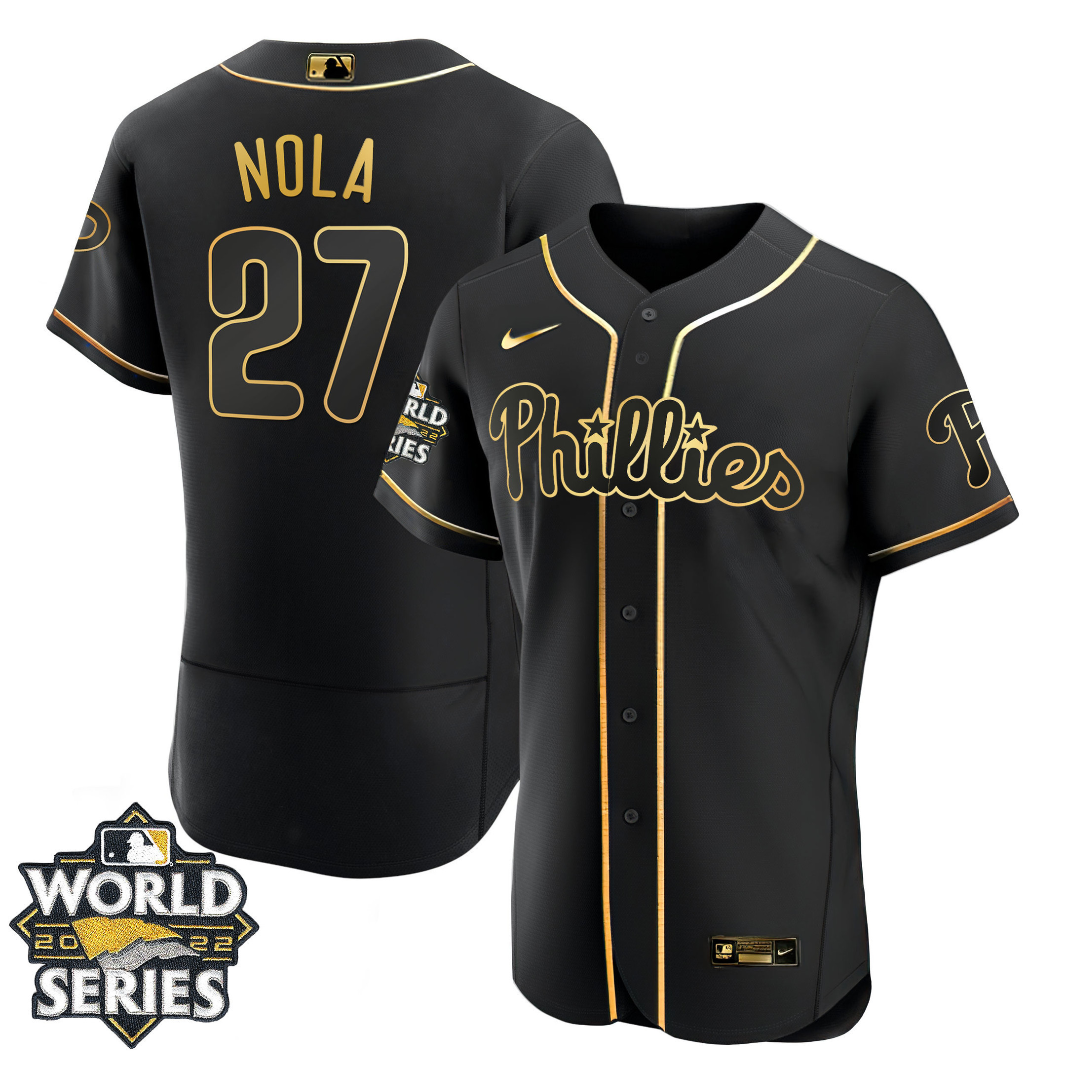 Aaron Nola Men's Philadelphia Phillies Gold World Series Flex Black Jersey
