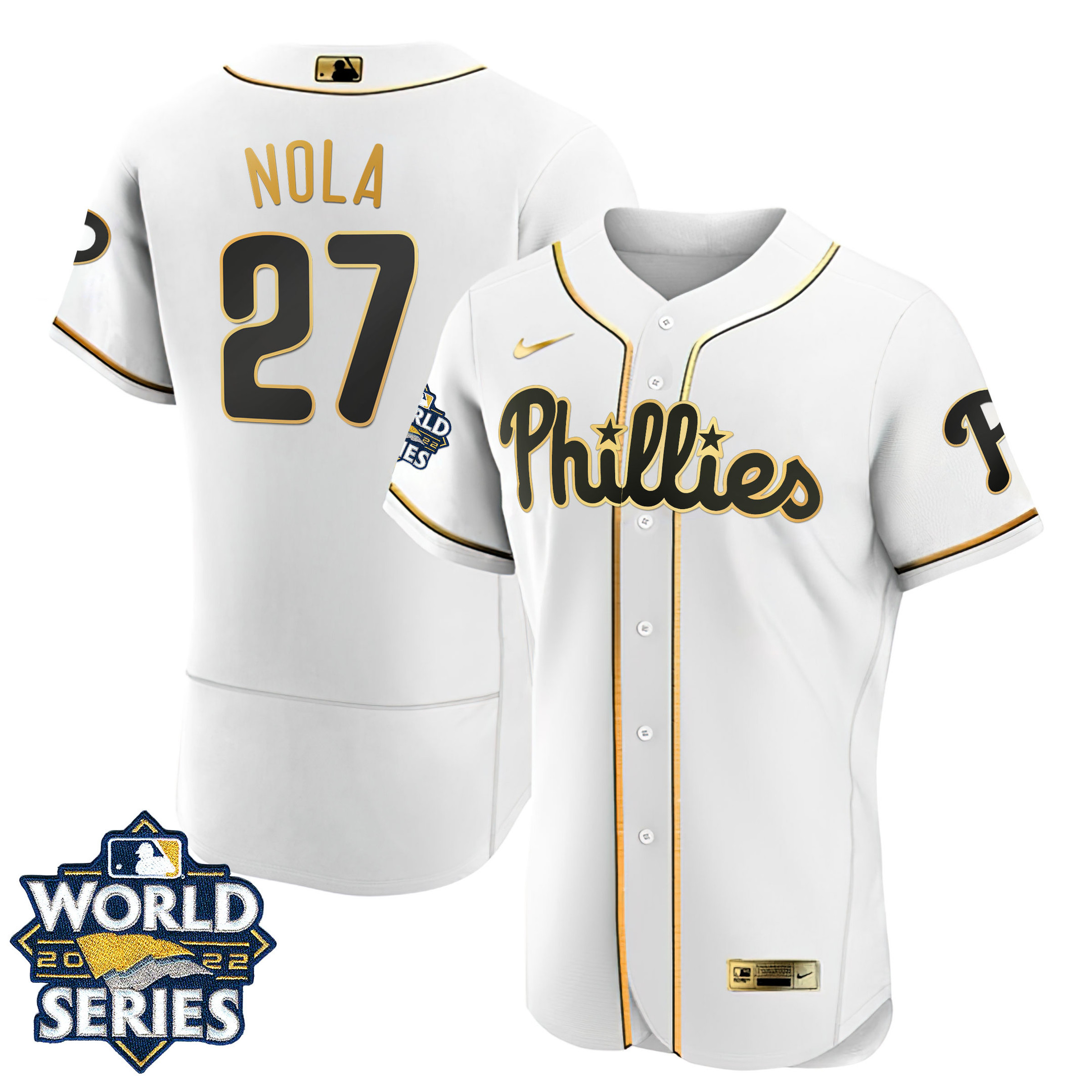 Aaron Nola Men's Philadelphia Phillies Gold World Series Flex White Jersey