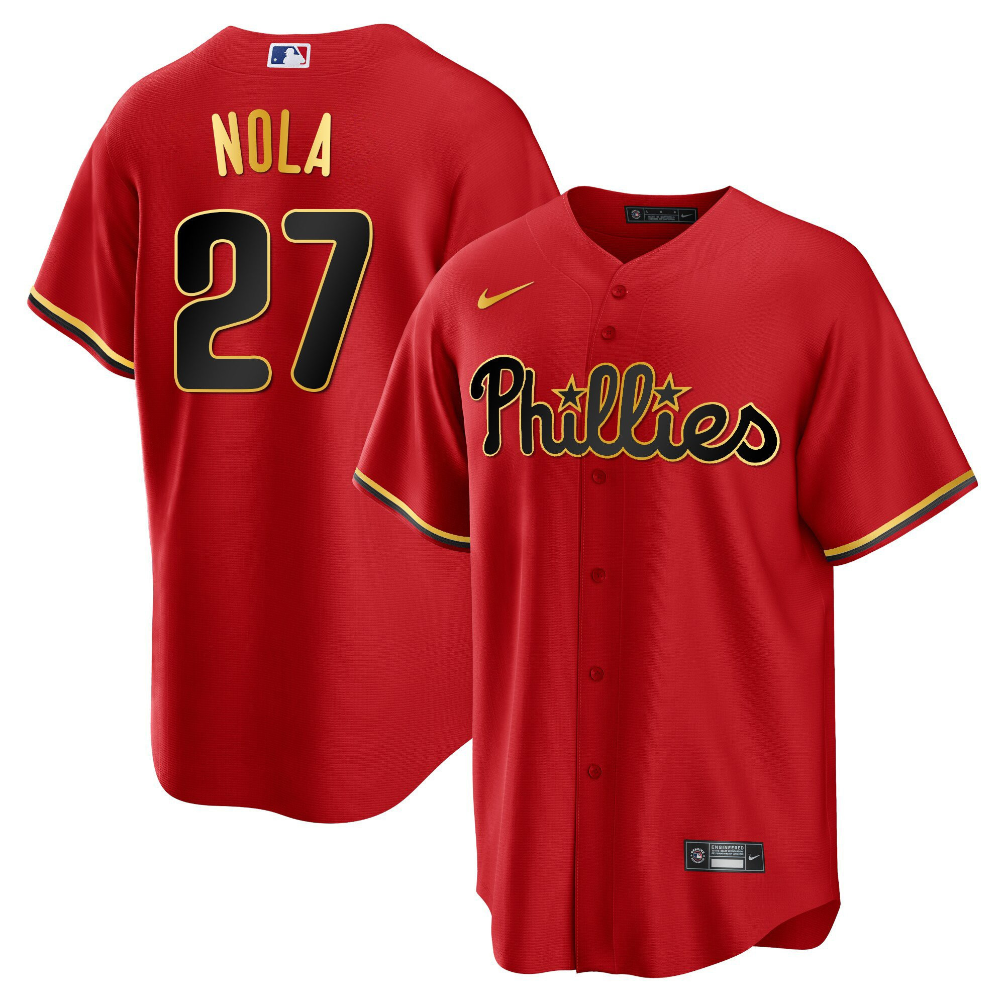 Aaron Nola Men's Philadelphia Phillies Gold Trim Cool Red Jersey