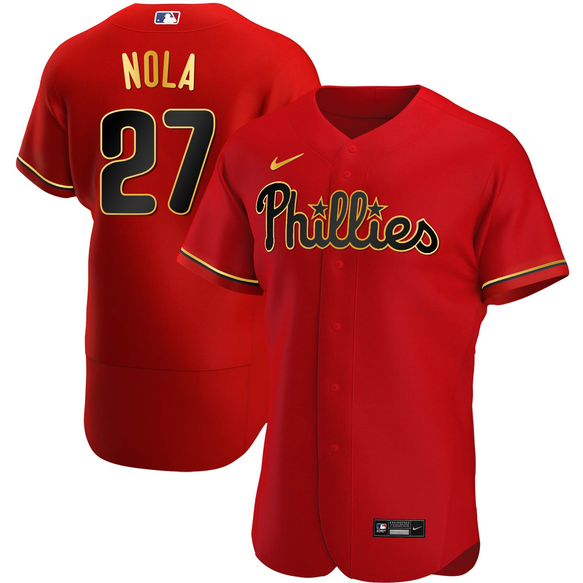Aaron Nola Men's Philadelphia Phillies Gold Trim Flex Red Jersey