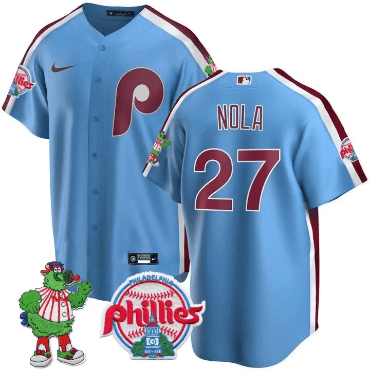 Aaron Nola Men's Philadelphia Phillies Phillie Phanatic Patch Cool Base Blue Jersey