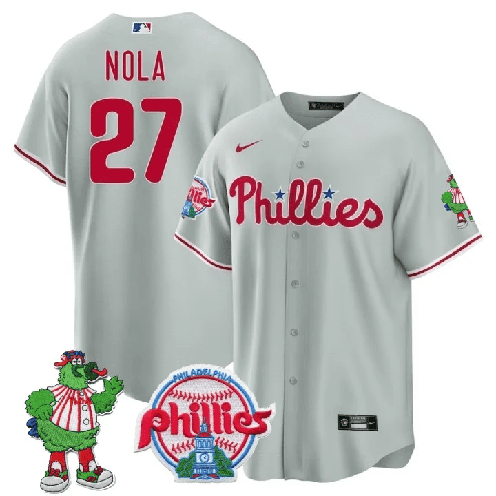 Aaron Nola Men's Philadelphia Phillies Phillie Phanatic Patch Cool Base Gray Jersey