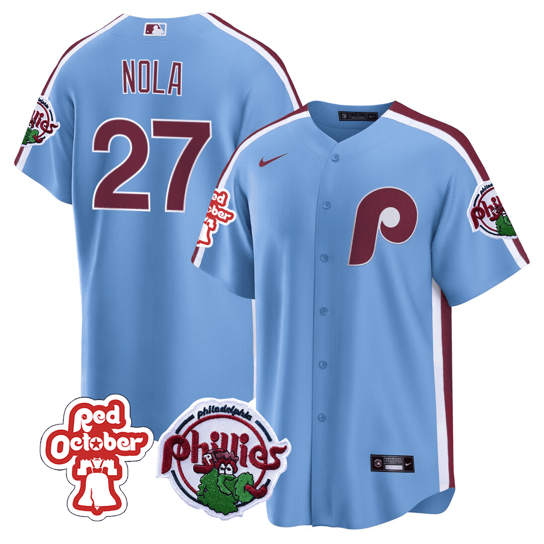 Aaron Nola Men's Philadelphia Phillies Red October Patch Cool Base Blue Jersey