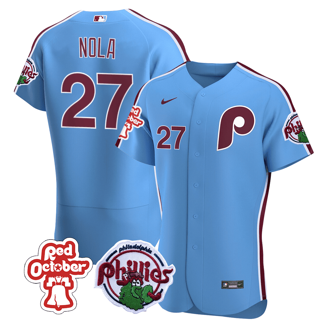 Aaron Nola Men's Philadelphia Phillies Red October Patch Flex Base Blue Jersey