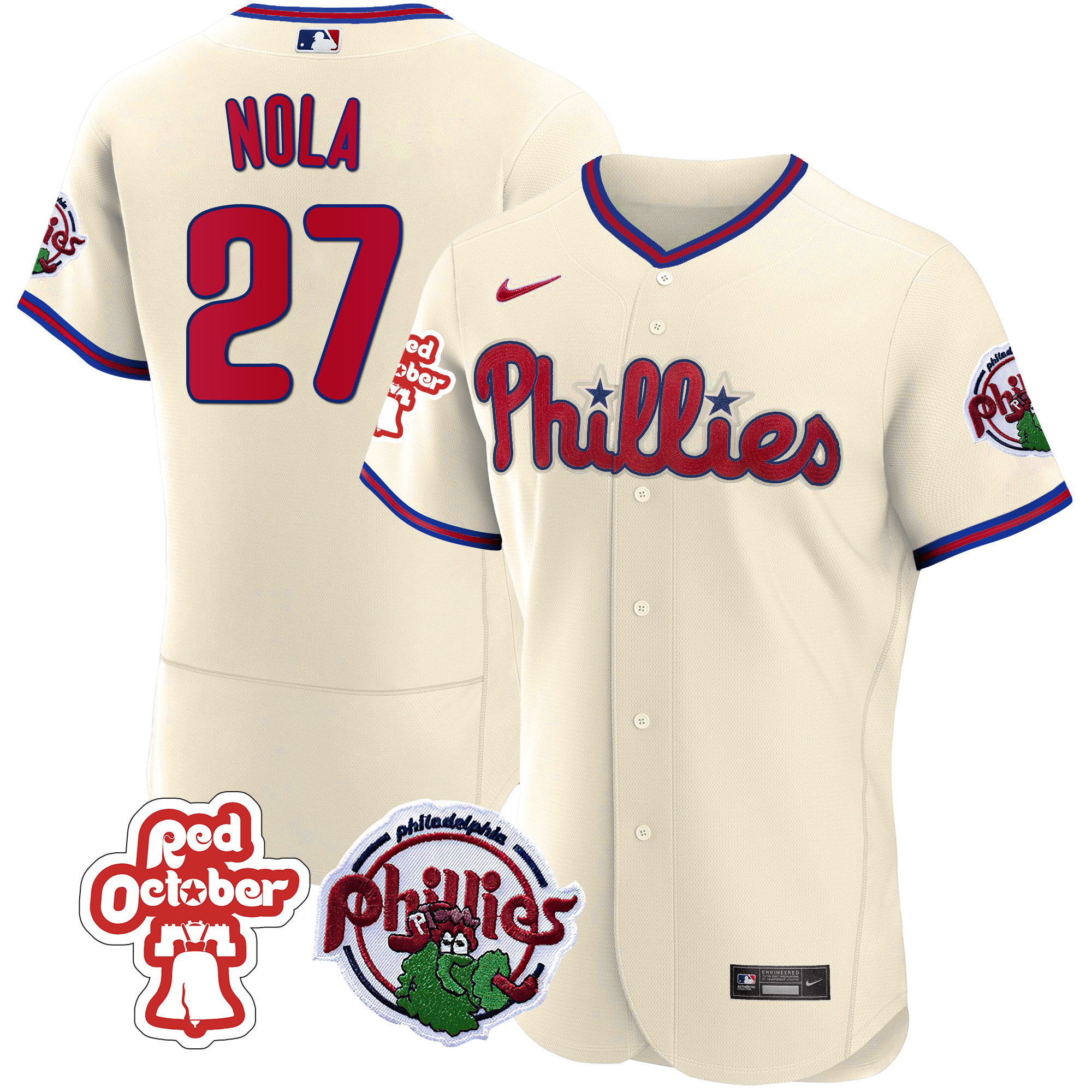 Aaron Nola Men's Philadelphia Phillies Red October Patch Flex Base Cream Jersey