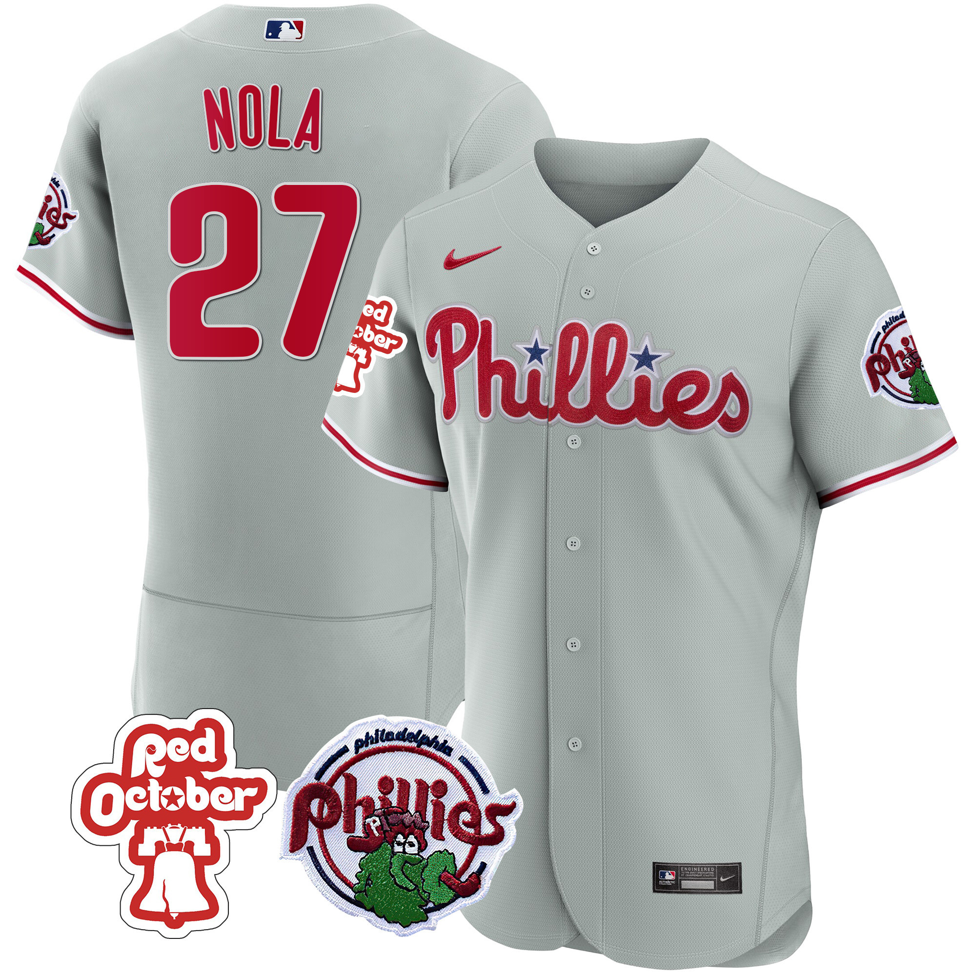 Aaron Nola Men's Philadelphia Phillies Red October Patch Flex Base Gray Jersey