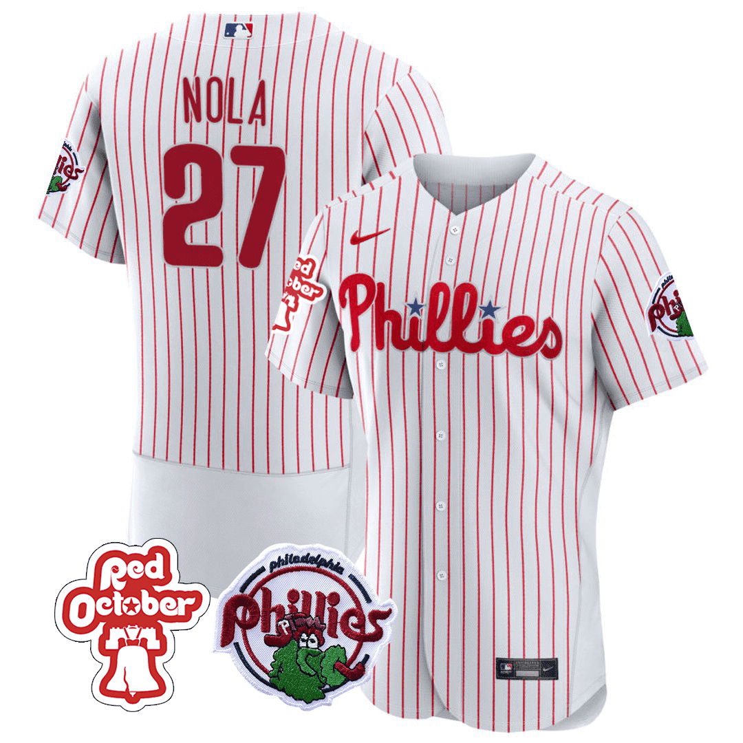 Aaron Nola Men's Philadelphia Phillies Red October Patch Flex Base White Jersey