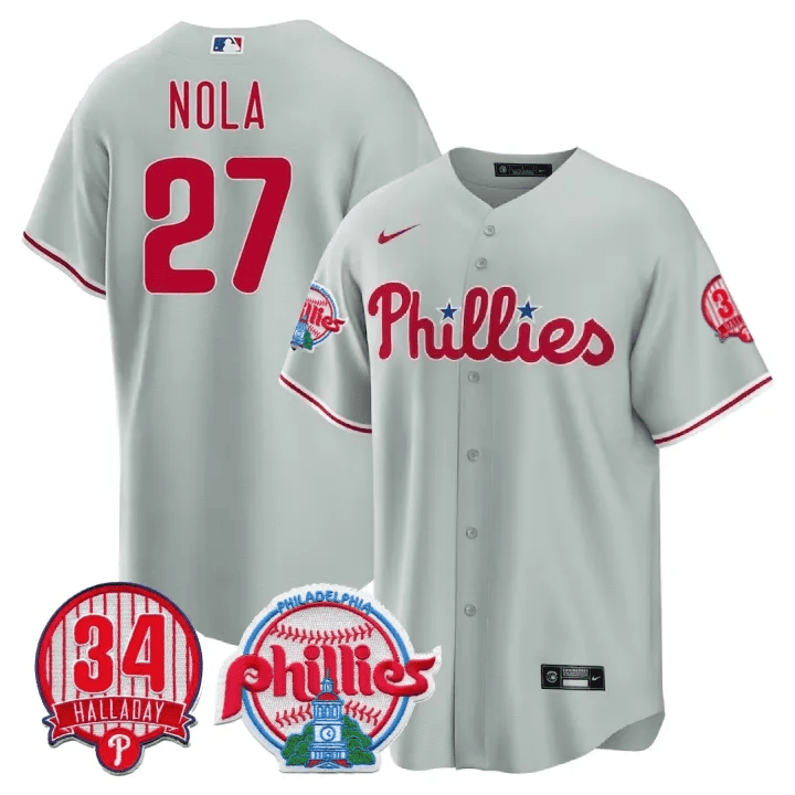 Aaron Nola Men's Philadelphia Phillies Roy Halladay Patch #34 Cool Base Gray Jersey