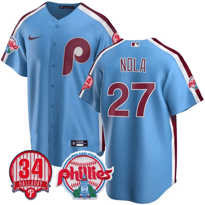 Aaron Nola Men's Philadelphia Phillies Roy Halladay Patch #34 Cool Base Powder Blue Jersey
