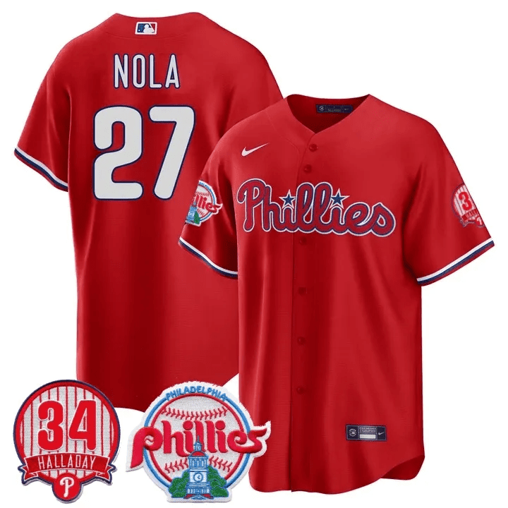 Aaron Nola Men's Philadelphia Phillies Roy Halladay Patch #34 Cool Base Red Jersey