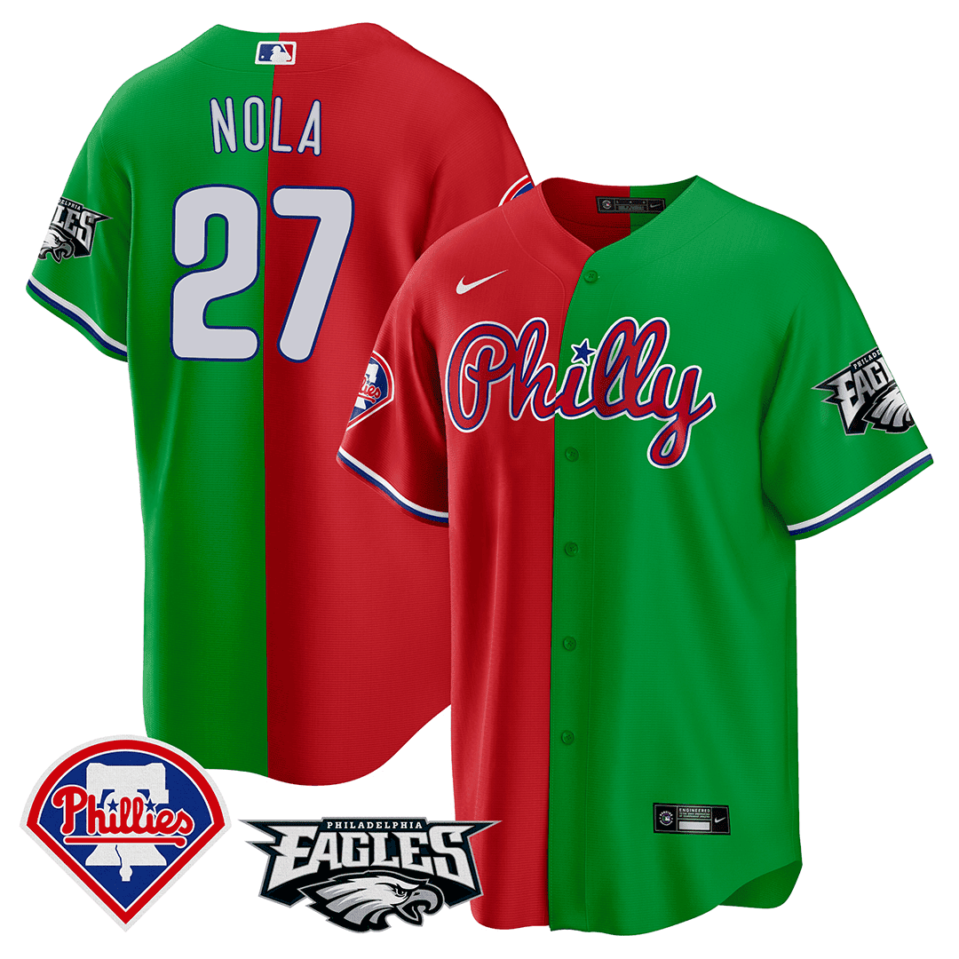 Aaron Nola Men's Split Phillies - Philadelphia Eagles Cool Base Red - Green Jersey