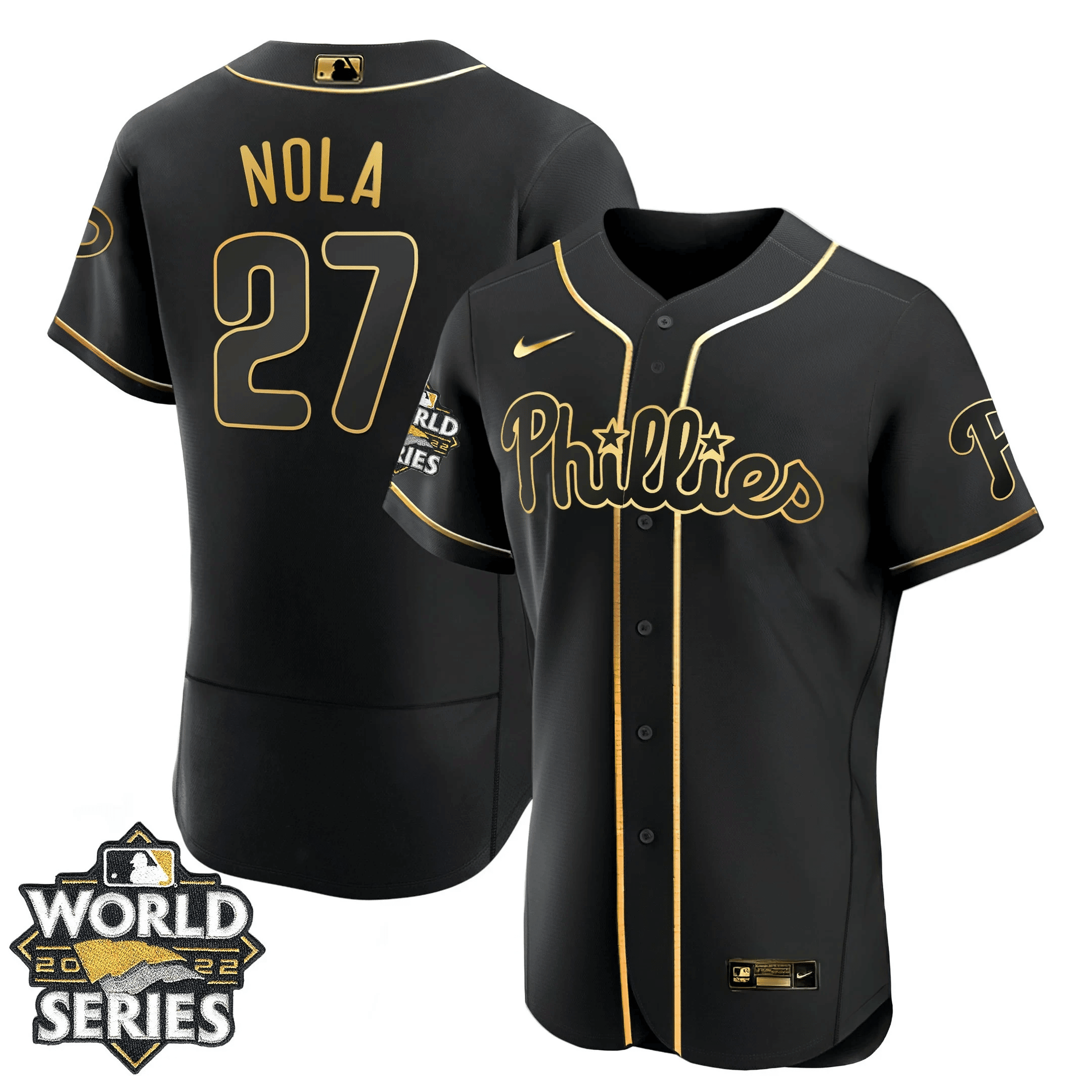 Aaron Nola Youth's Philadelphia Phillies Gold World Series Flex Black Jersey
