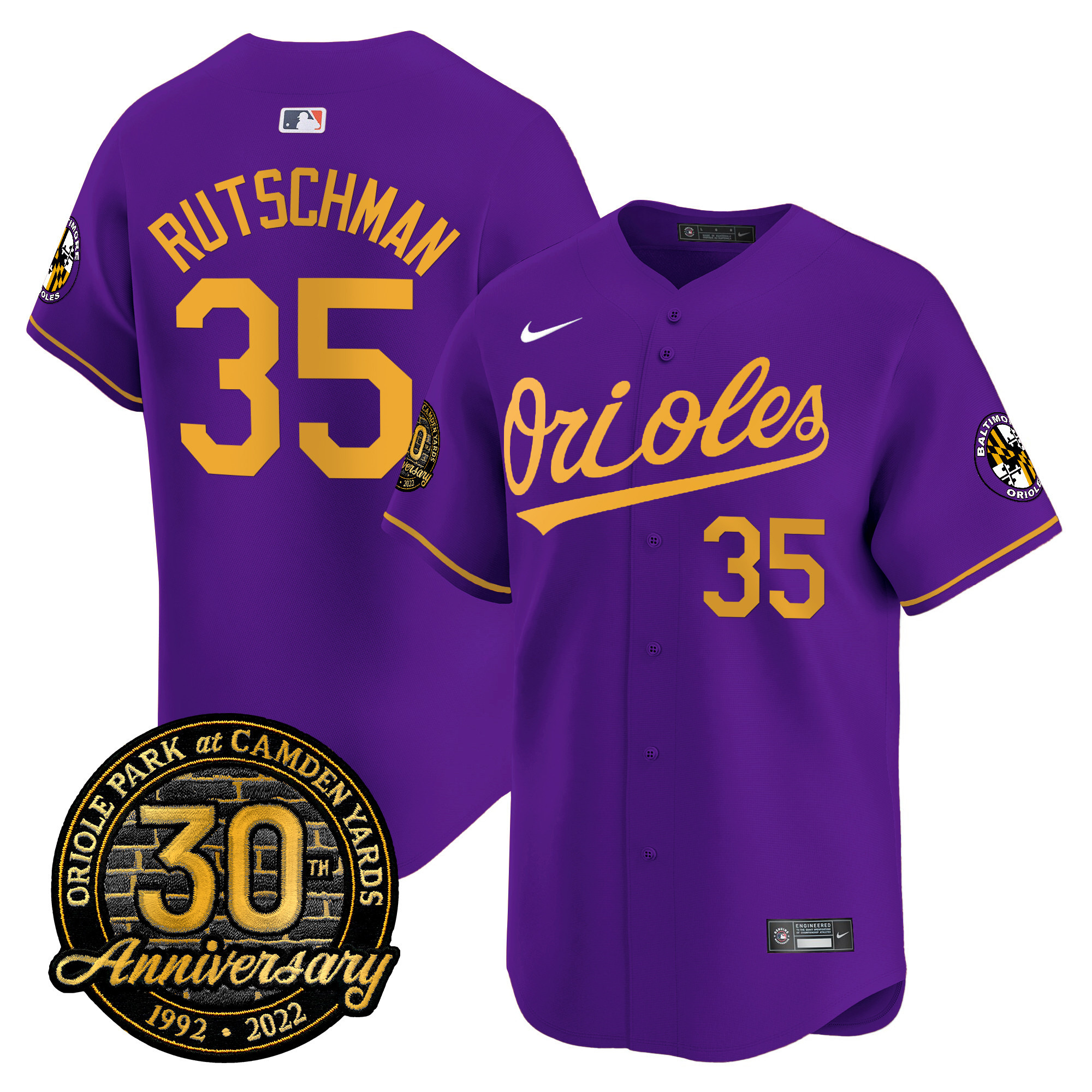 Adley Rutschman Men’s Baltimore Orioles Camden Yards 30th Anniversary Patch Vapor Premier Limited Purple Gold Jersey - All Stitched