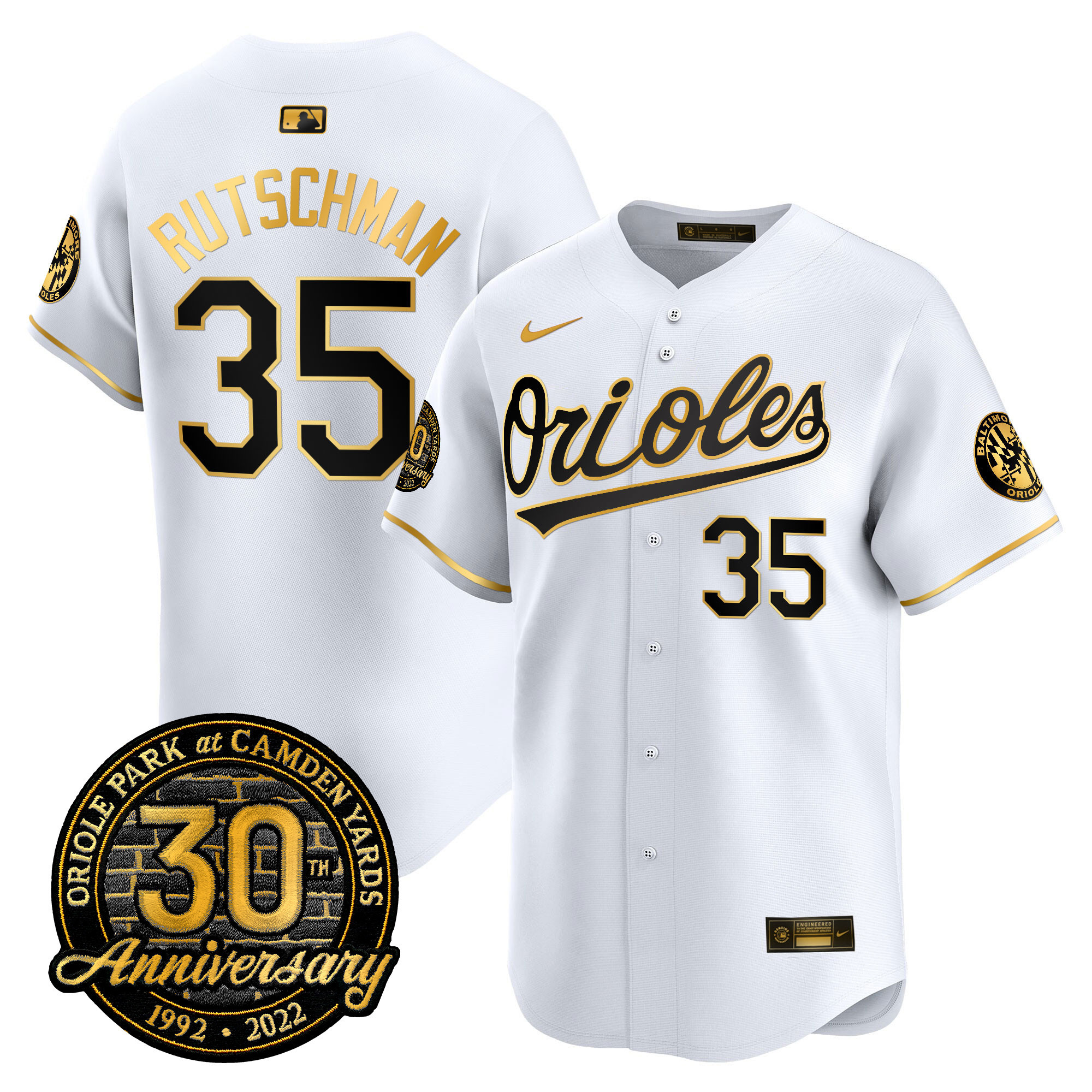 Adley Rutschman Men’s Baltimore Orioles Camden Yards 30th Anniversary Patch Vapor Premier Limited White Gold Jersey - All Stitched