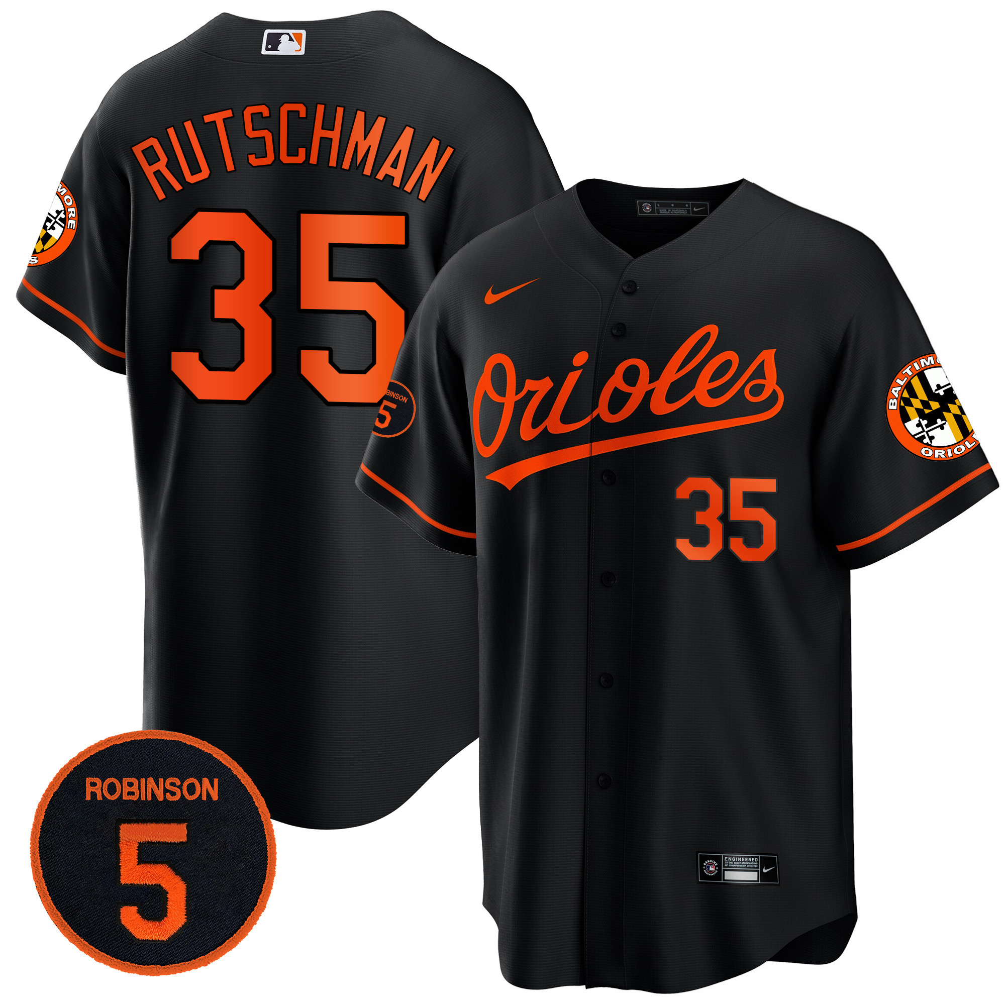 Adley Rutschman Men’s Baltimore Orioles Robinson Patch Cool Base Black Jersey - All Stitched