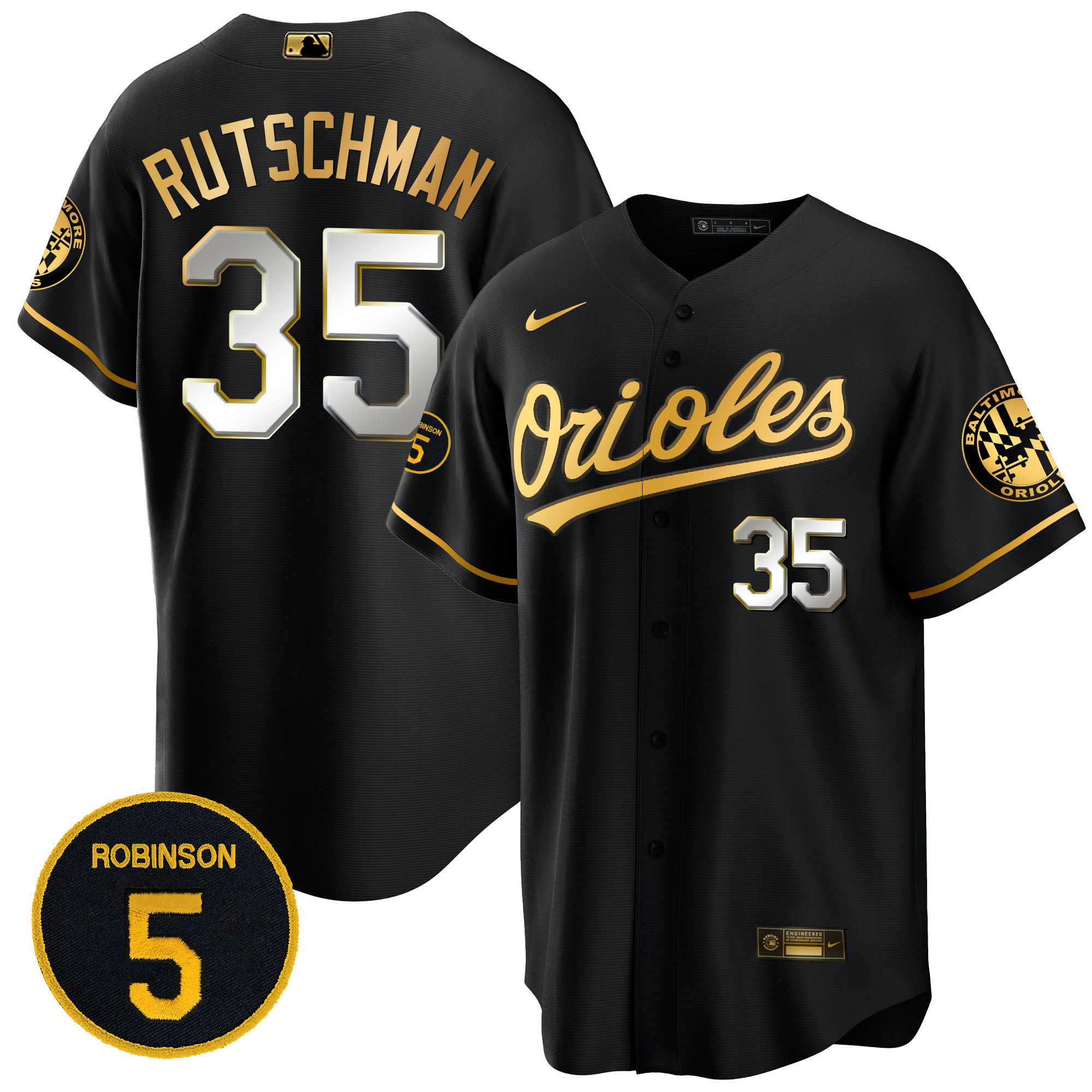 Adley Rutschman Men’s Baltimore Orioles Robinson Patch Cool Base Black Limited Jersey - All Stitched