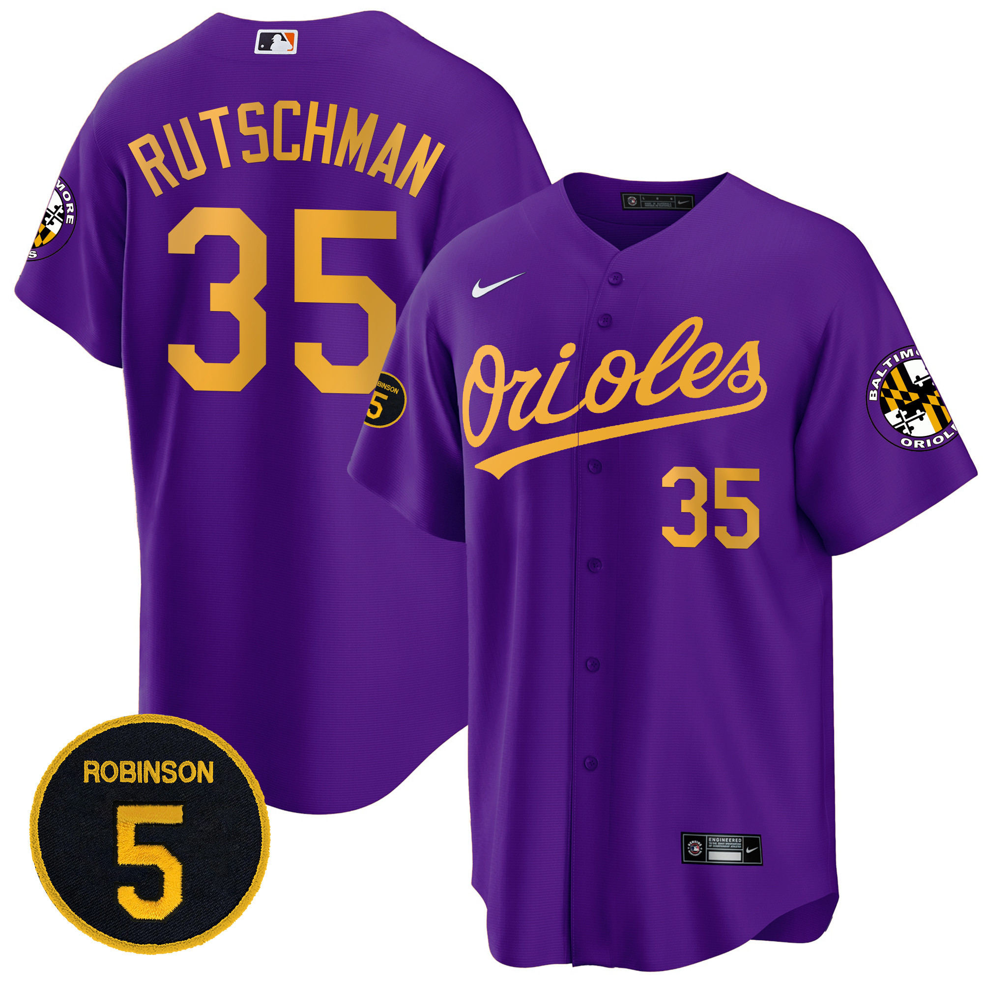 Adley Rutschman Men’s Baltimore Orioles Robinson Patch Cool Base Purple Gold Jersey - All Stitched