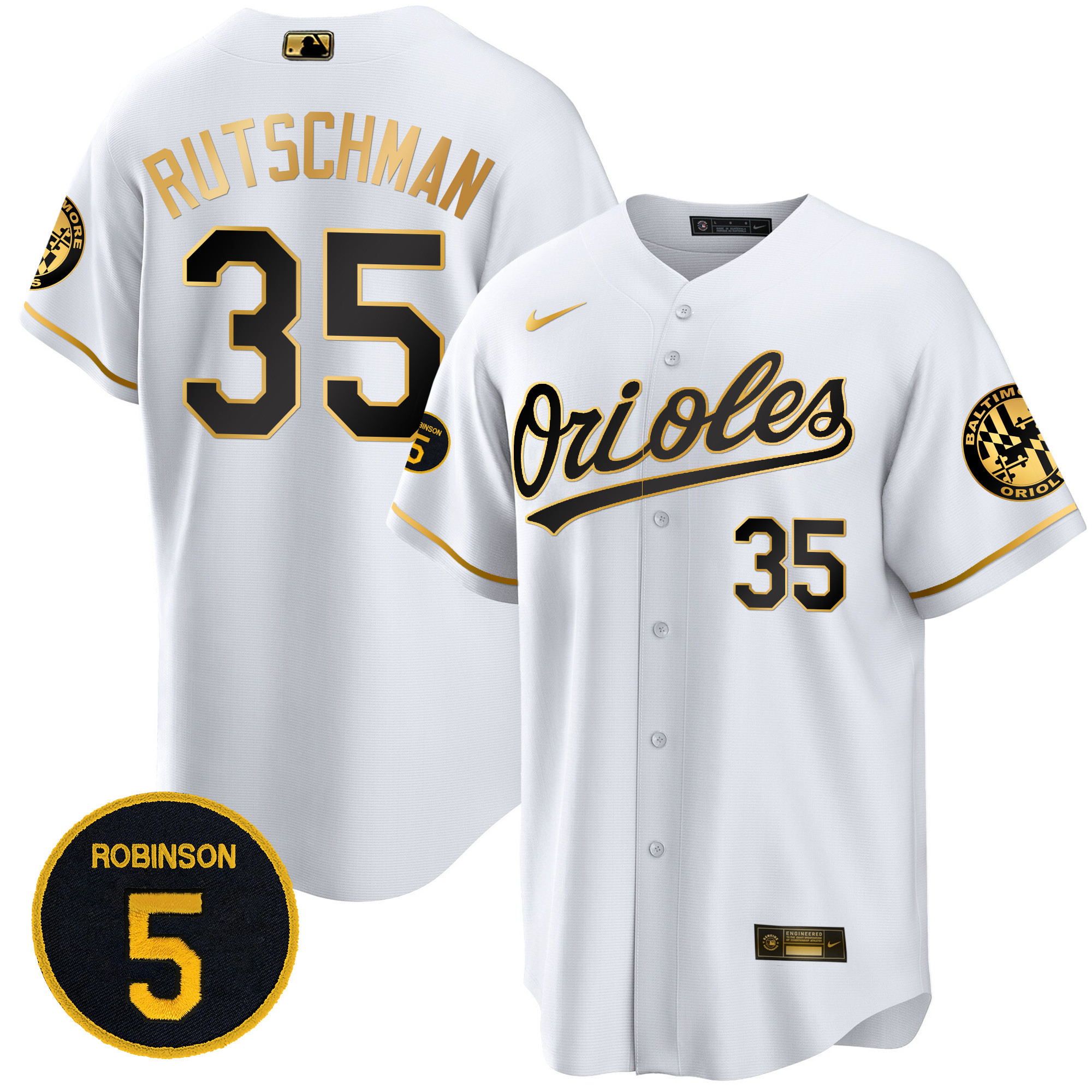 Adley Rutschman Men’s Baltimore Orioles Robinson Patch Cool Base White Gold Jersey - All Stitched