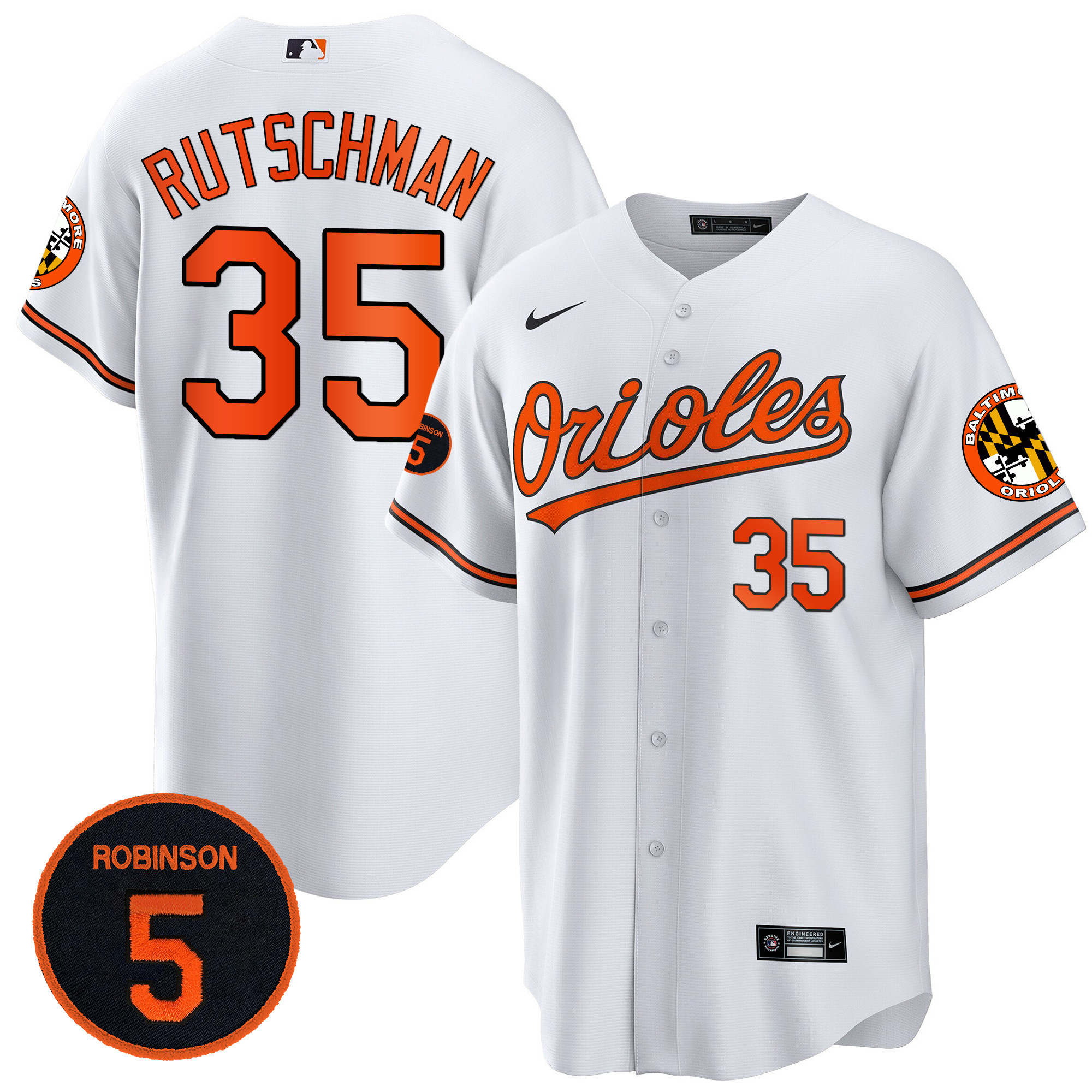 Adley Rutschman Men’s Baltimore Orioles Robinson Patch Cool Base White Jersey - All Stitched