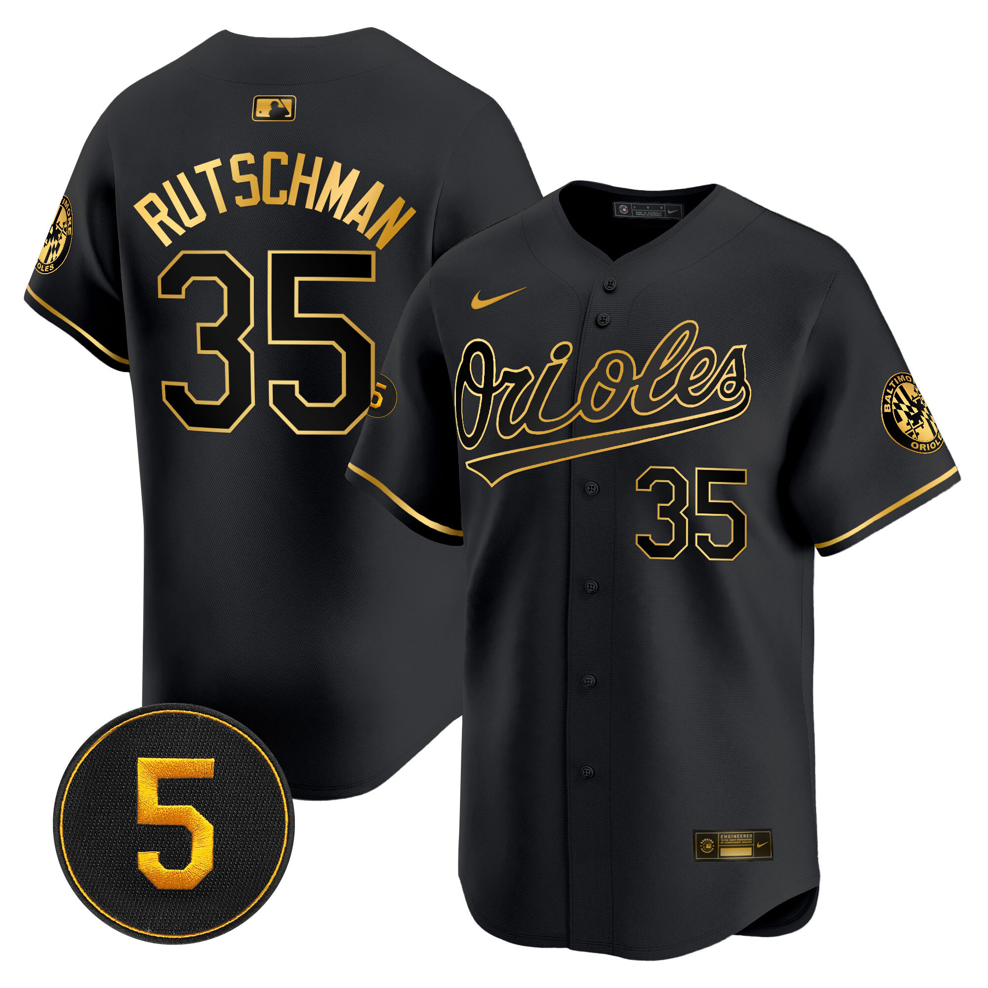 Adley Rutschman Men’s Baltimore Orioles Robinson Patch Vapor Premier Limited Black Gold Jersey - All Stitched