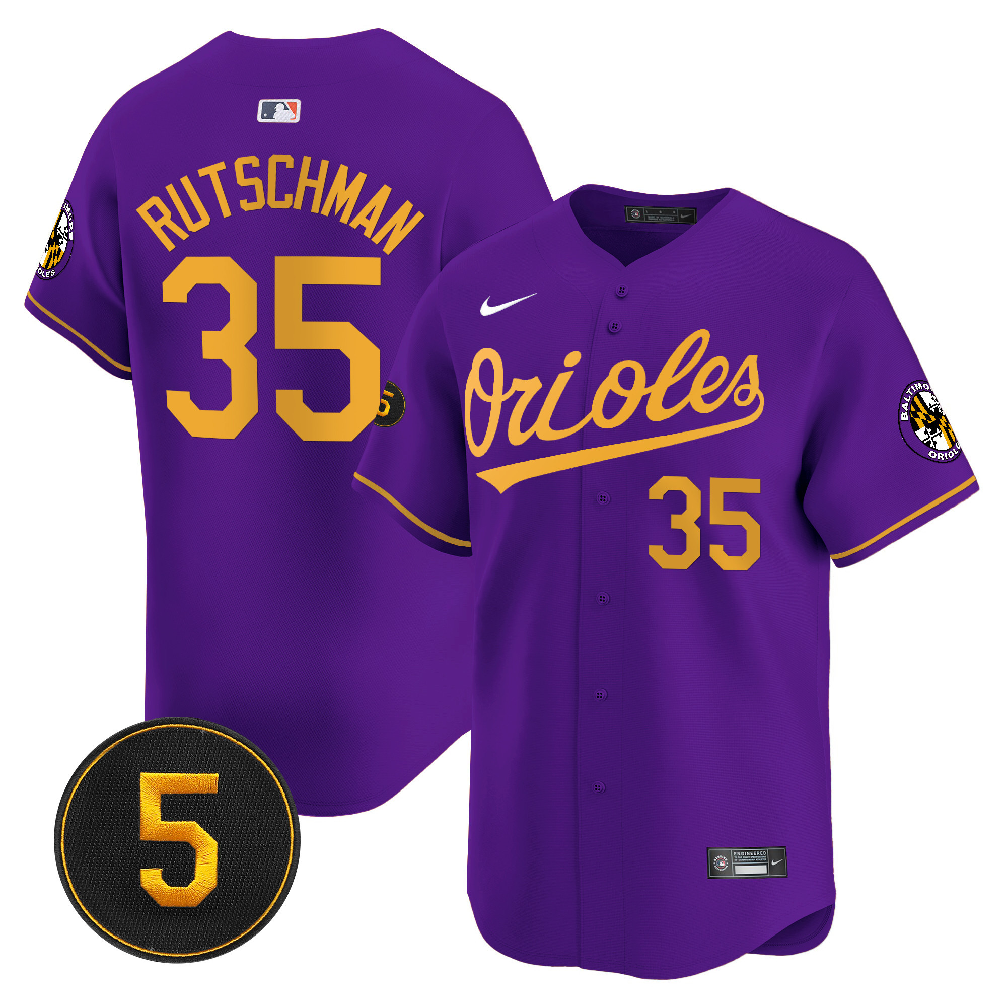 Adley Rutschman Men’s Baltimore Orioles Robinson Patch Vapor Premier Limited Purple Gold Jersey - All Stitched