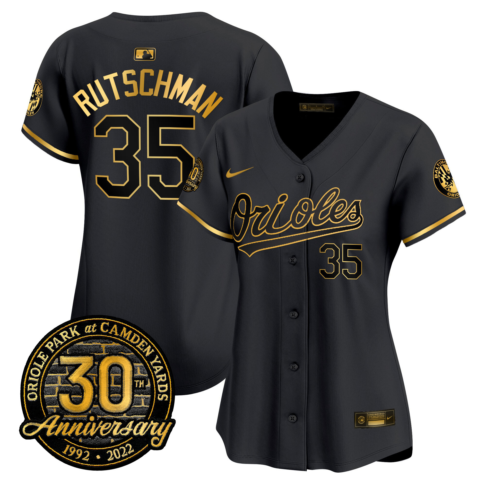 Adley Rutschman Women’s Baltimore Orioles Camden Yards 30th Anniversary Patch Vapor Premier Limited Black Gold Jersey - All Stitched