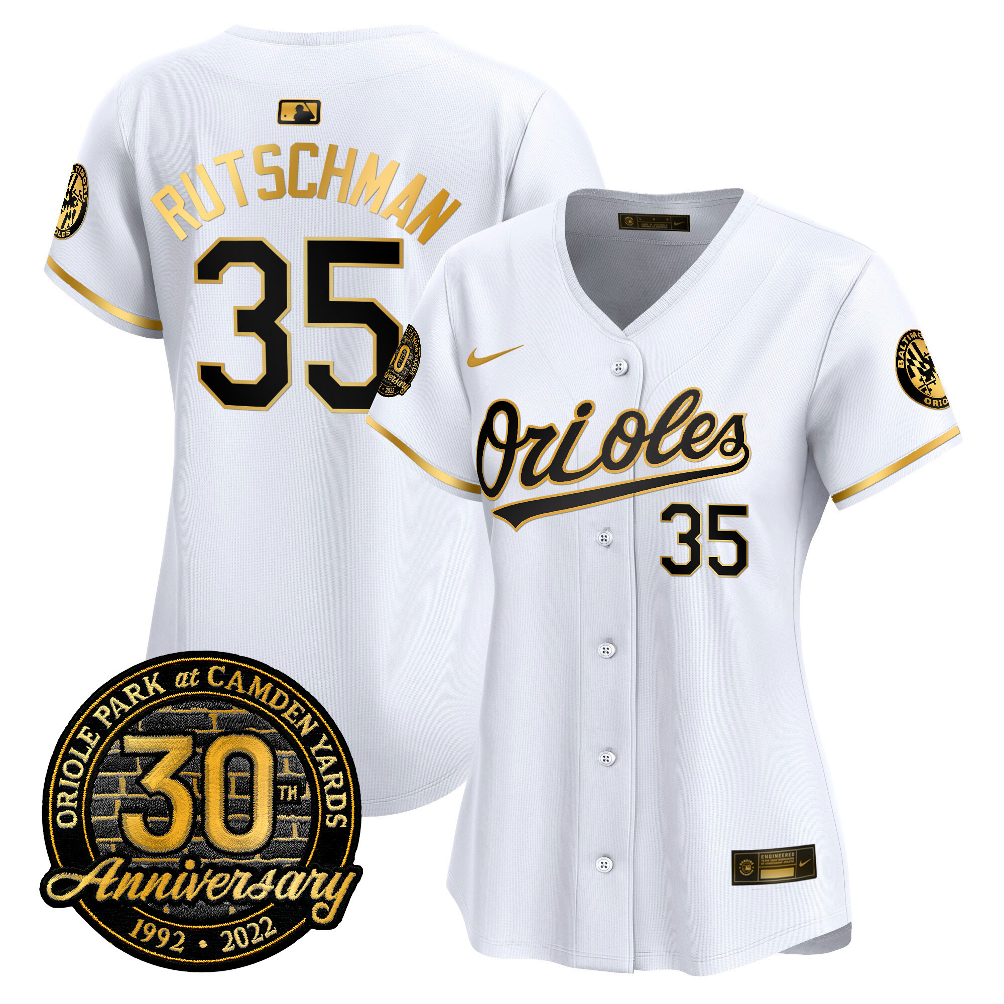 Adley Rutschman Women’s Baltimore Orioles Camden Yards 30th Anniversary Patch Vapor Premier Limited White Gold Jersey - All Stitched