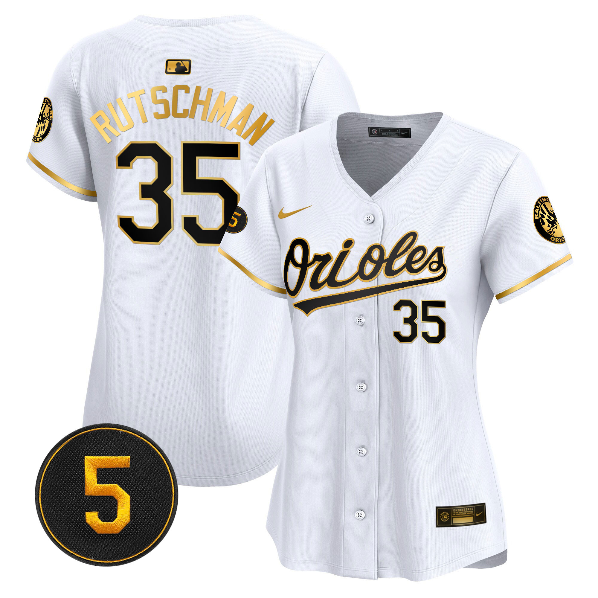 Adley Rutschman Women’s Baltimore Orioles Robinson Patch Vapor Premier Limited White Gold Jersey - All Stitched
