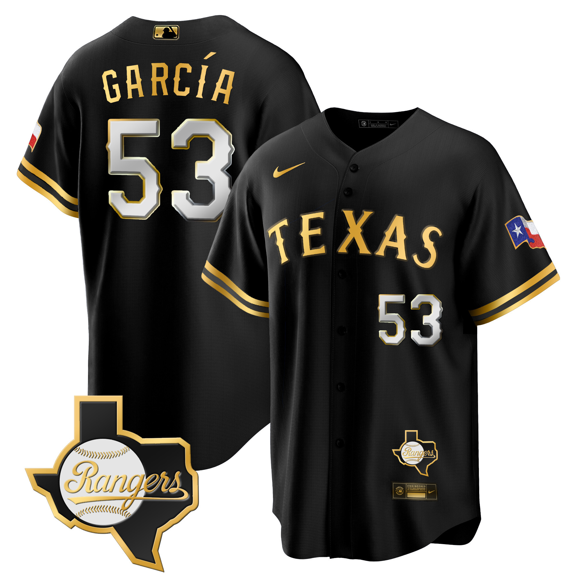 Adolis Garcia Men's Texas Rangers Cool Base - Texas Patch Black Gold Jersey
