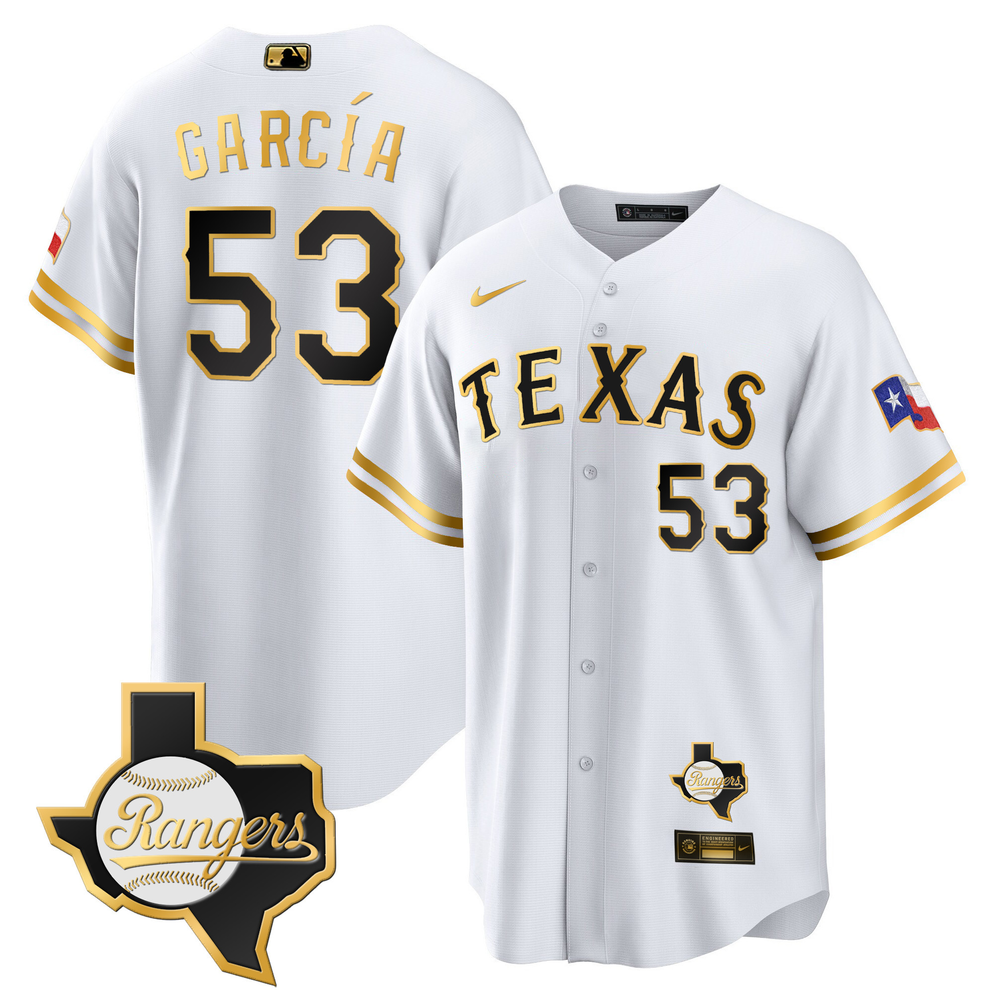 Adolis Garcia Men's Texas Rangers Cool Base - Texas Patch White Gold Jersey