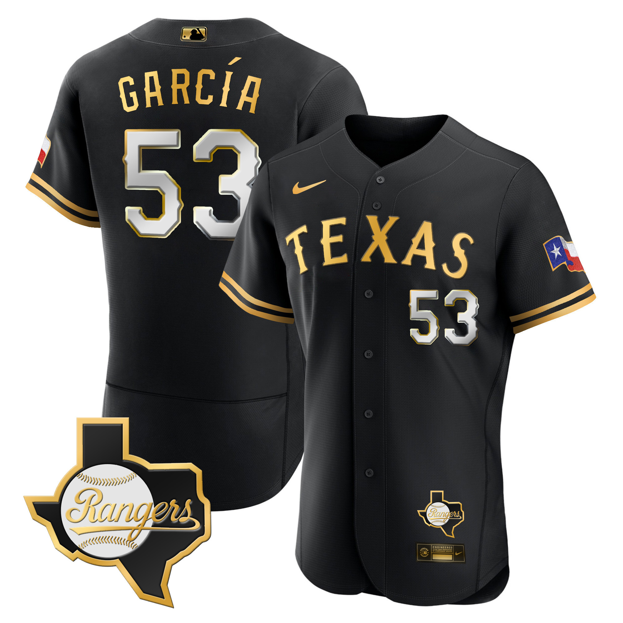 Adolis Garcia Men's Texas Rangers Flex Base - Texas Patch Black Gold Jersey