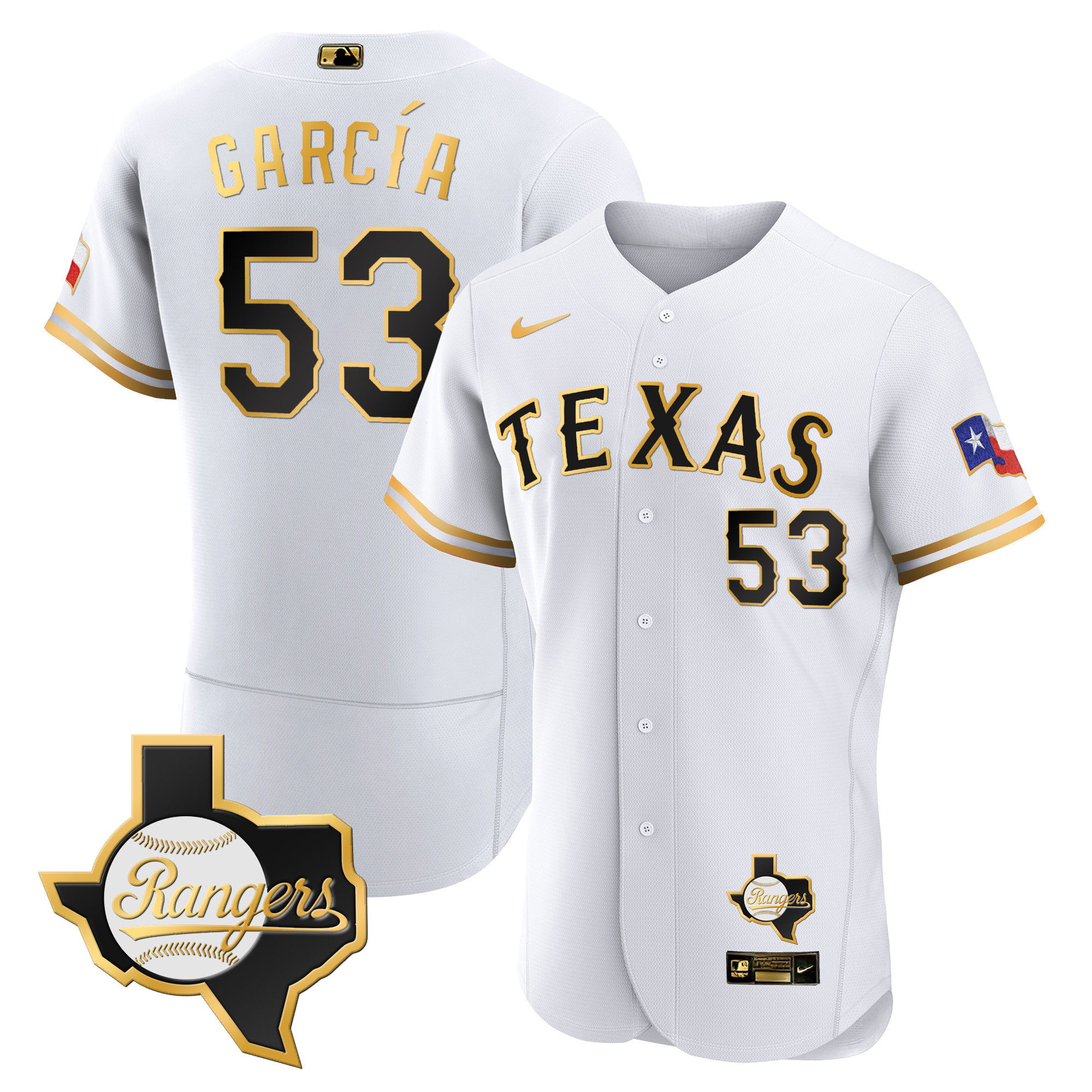 Adolis Garcia Men's Texas Rangers Flex Base - Texas Patch White Gold Jersey