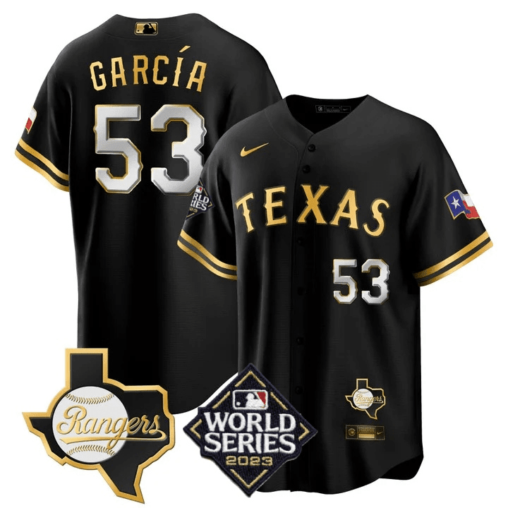 Adolis Garcia Men's Texas Rangers World Series & Texas State Patch Cool Base Gold V2 Black Gold Jersey