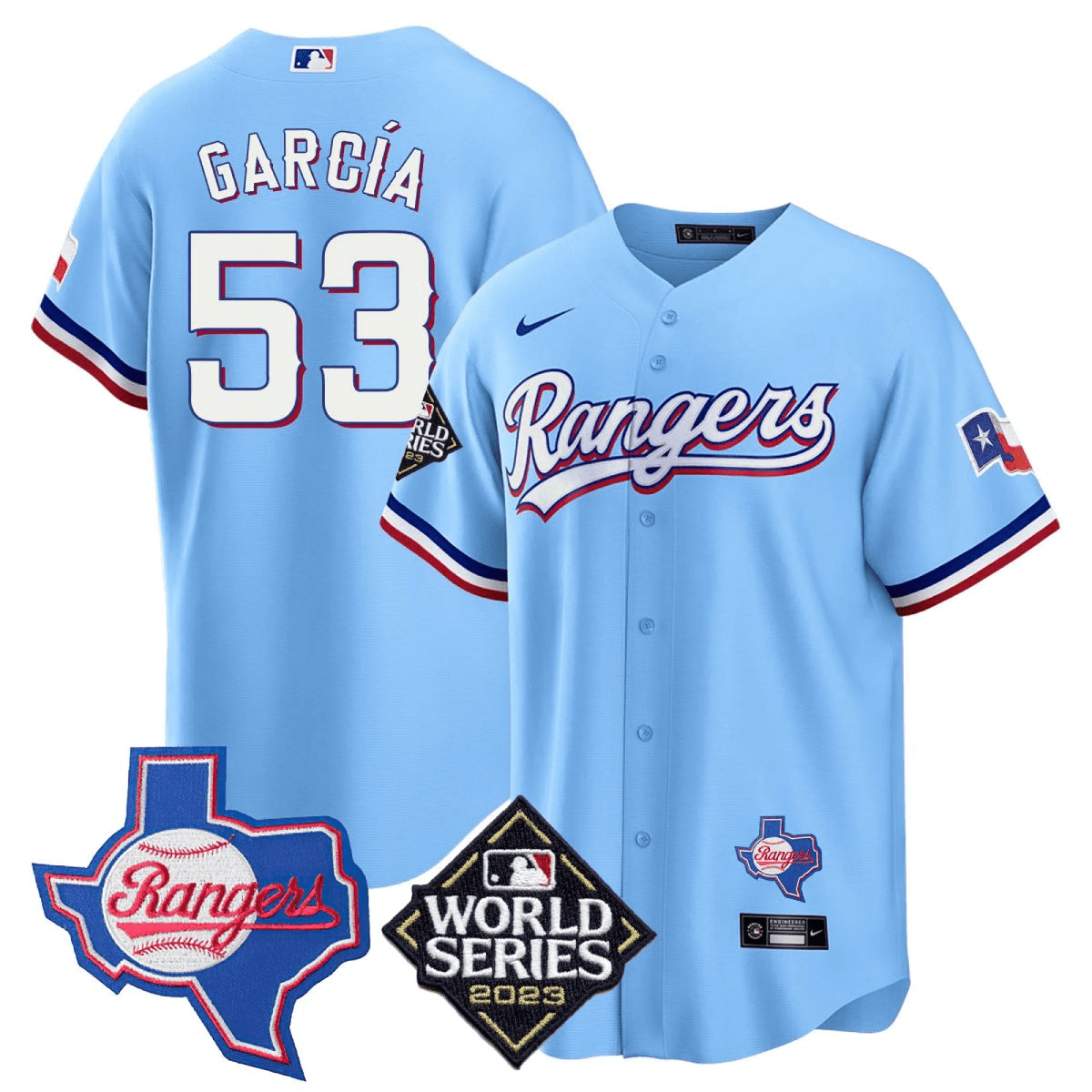 Adolis Garcia Men's Texas Rangers World Series & Texas State Patch Cool Base Gold V2 Blue Jersey