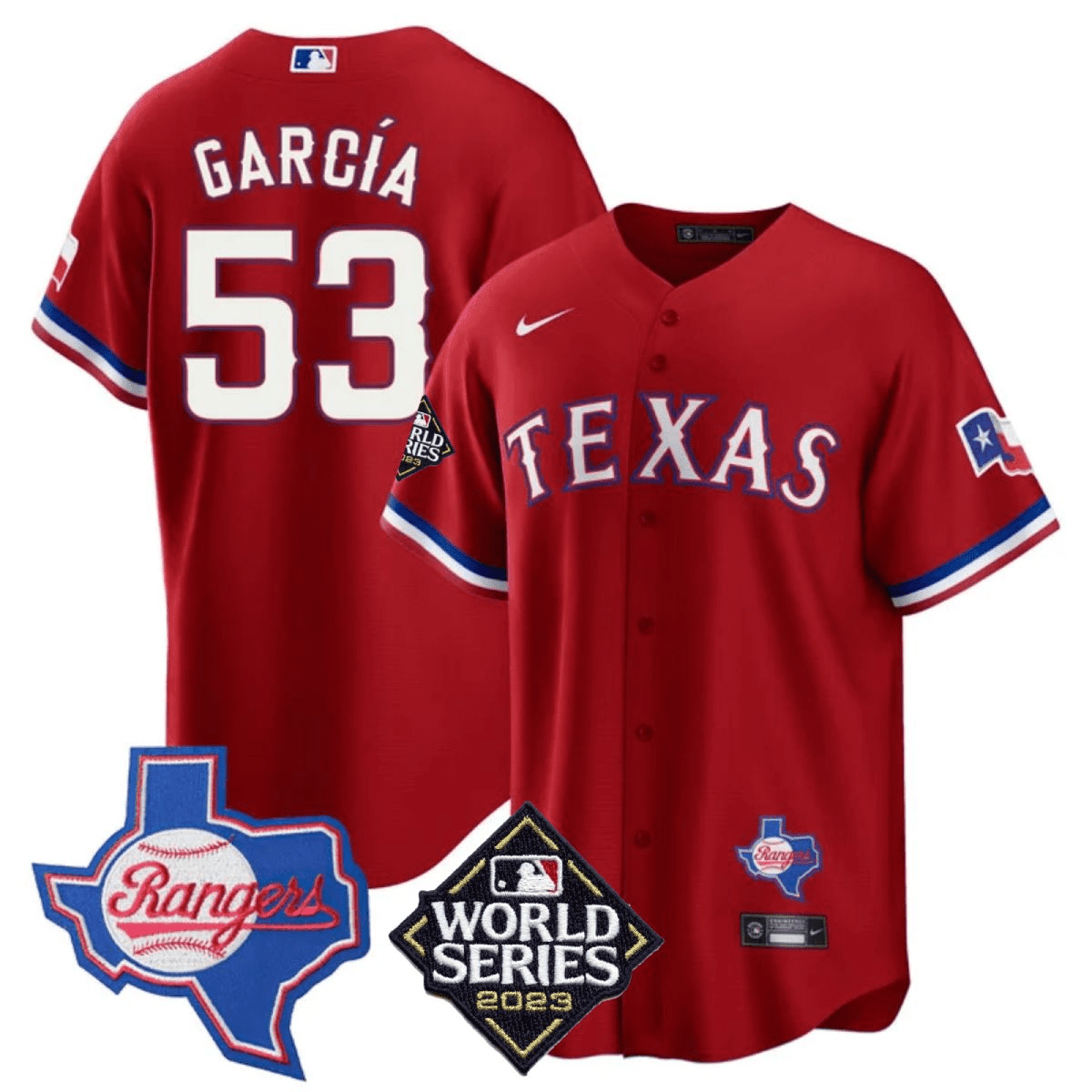 Adolis Garcia Men's Texas Rangers World Series & Texas State Patch Cool Base Gold V2 Red Jersey