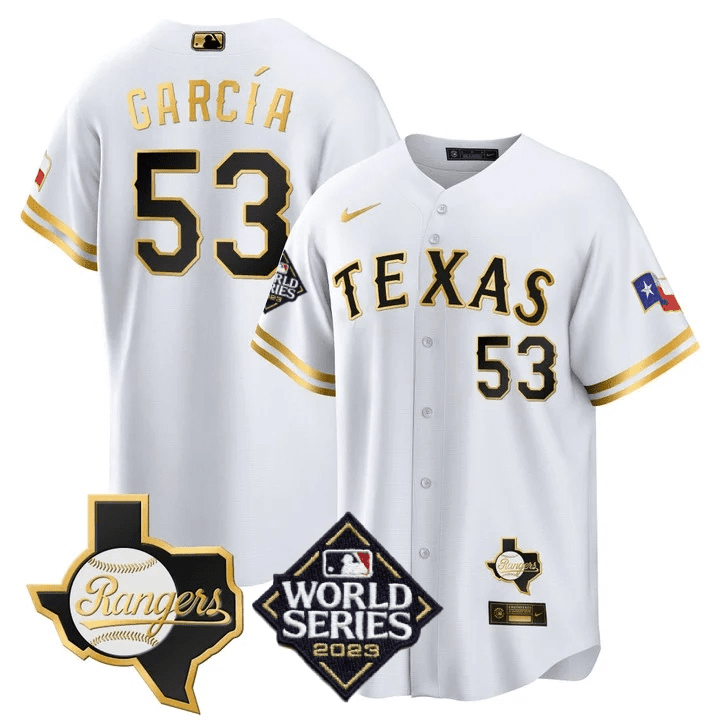 Adolis Garcia Men's Texas Rangers World Series & Texas State Patch Cool Base Gold V2 White Gold Jersey