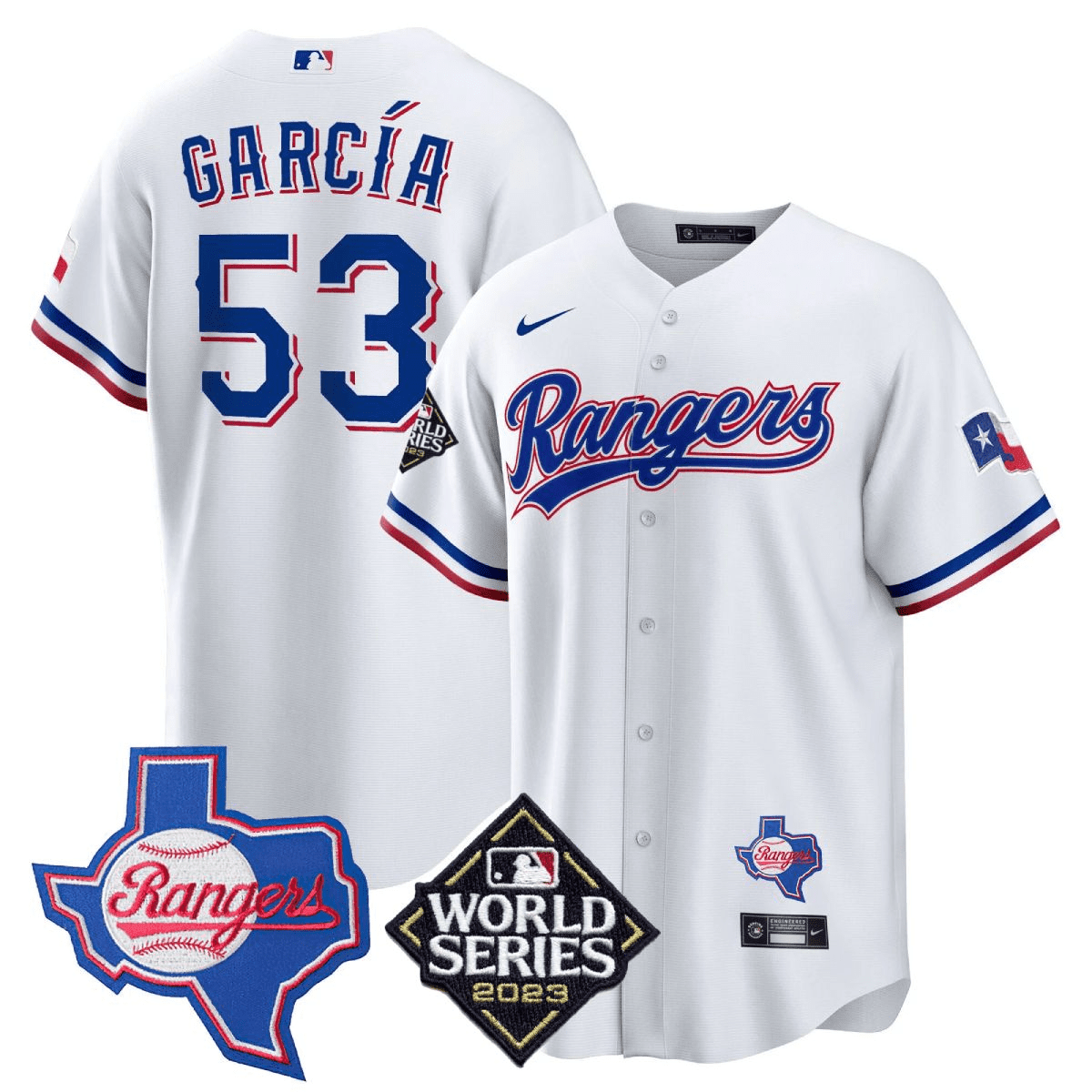 Adolis Garcia Men's Texas Rangers World Series & Texas State Patch Cool Base Gold V2 White Jersey
