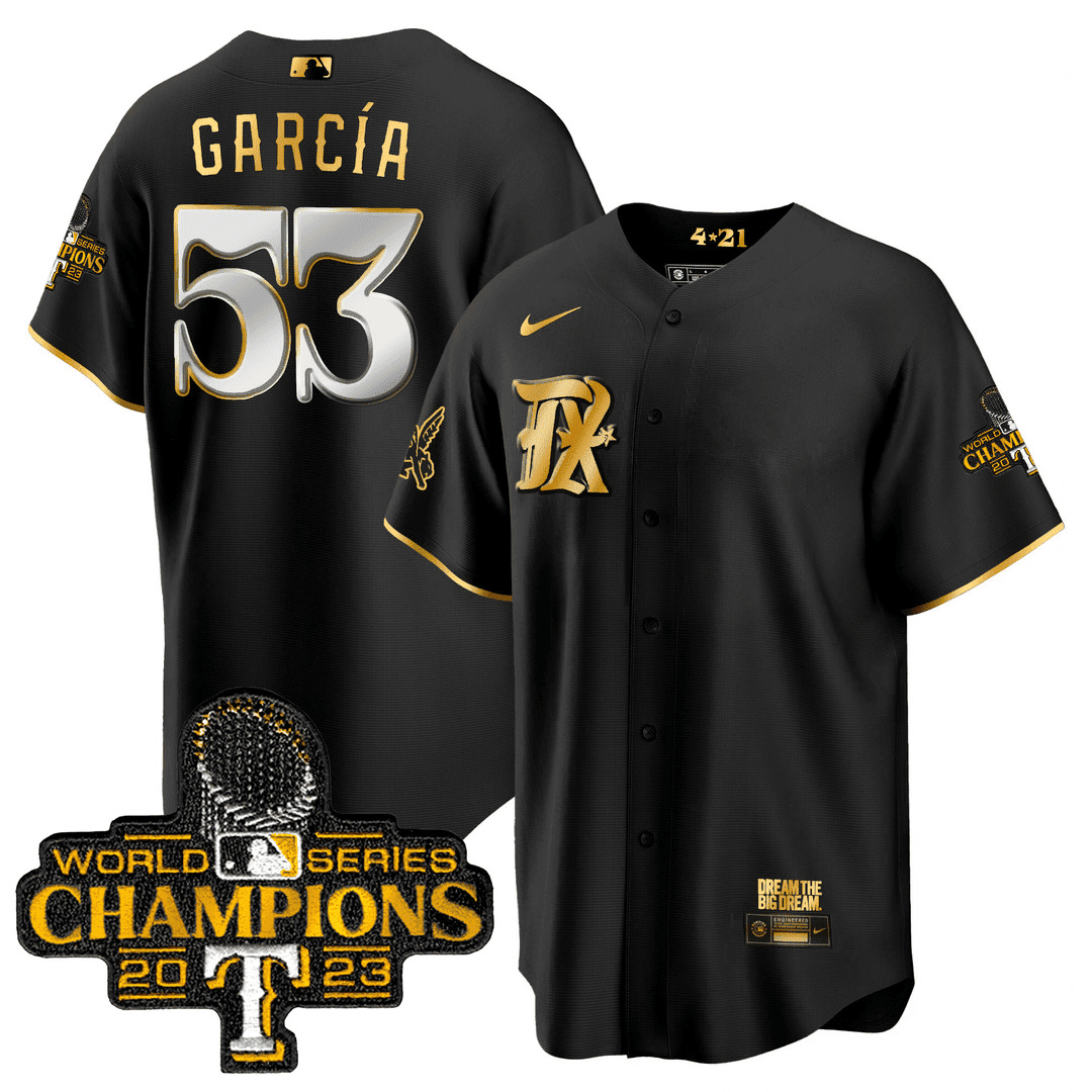 Adolis Garcia Men's Texas Rangers World Series Champions City Connect Cool Gold V2 Black Gold Jersey